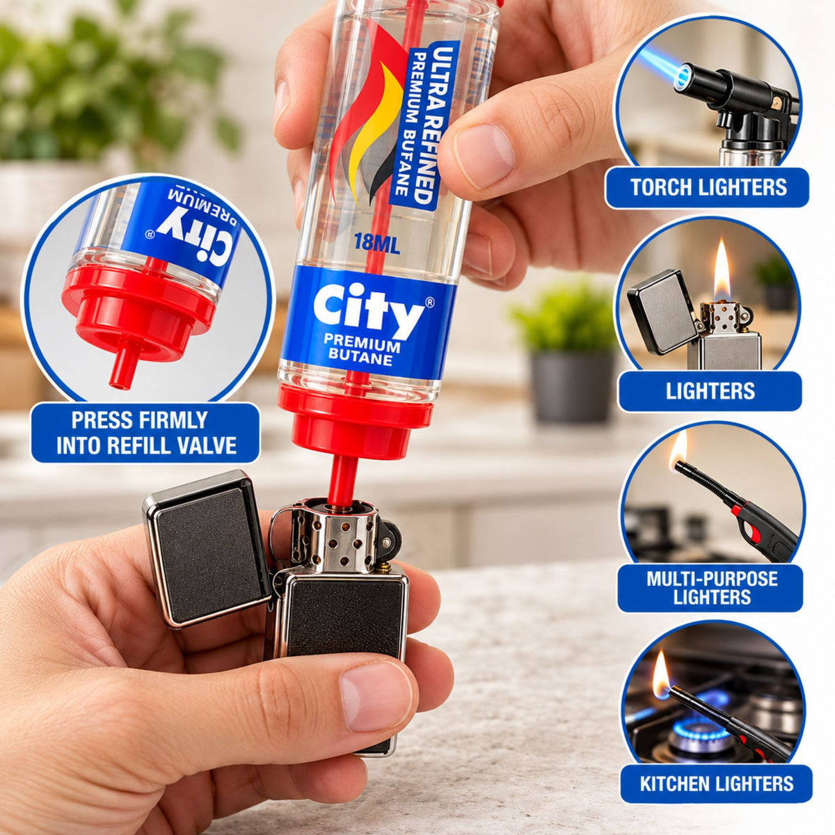 City Premium Butane Lighter Refill 18mL, Ultra Refined Fuel for Refillable Lighters