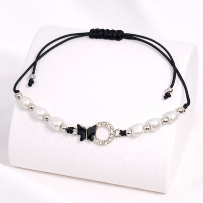 Black and white beaded bracelet on a white background