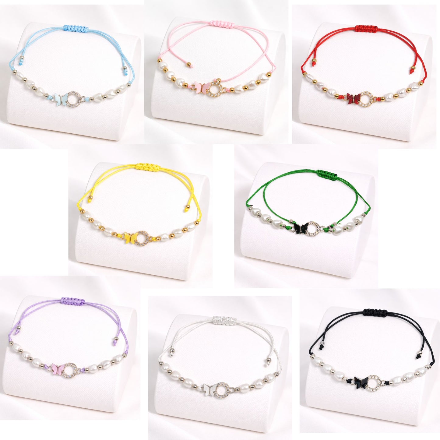 Set of colorful beaded bracelets on white stands