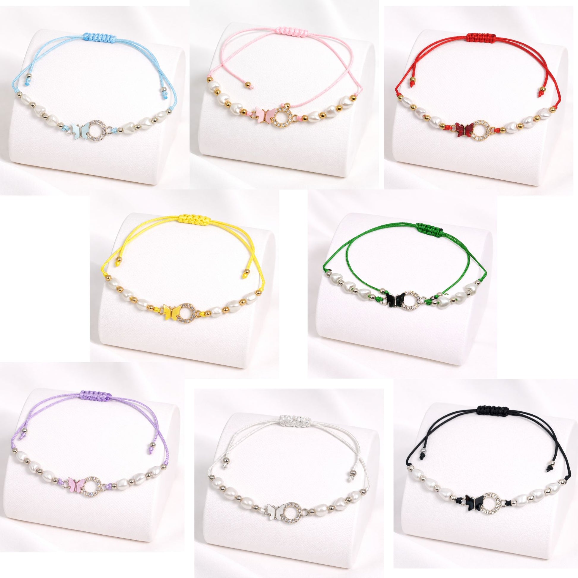 Set of colorful beaded bracelets on white stands