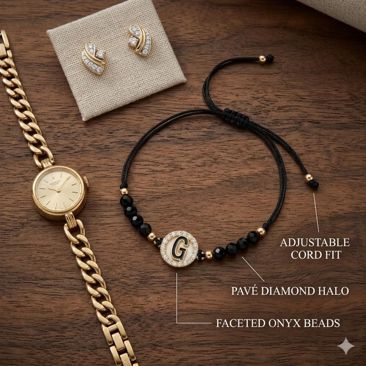 Alphabet Letter Black Bead Adjustable Bracelet