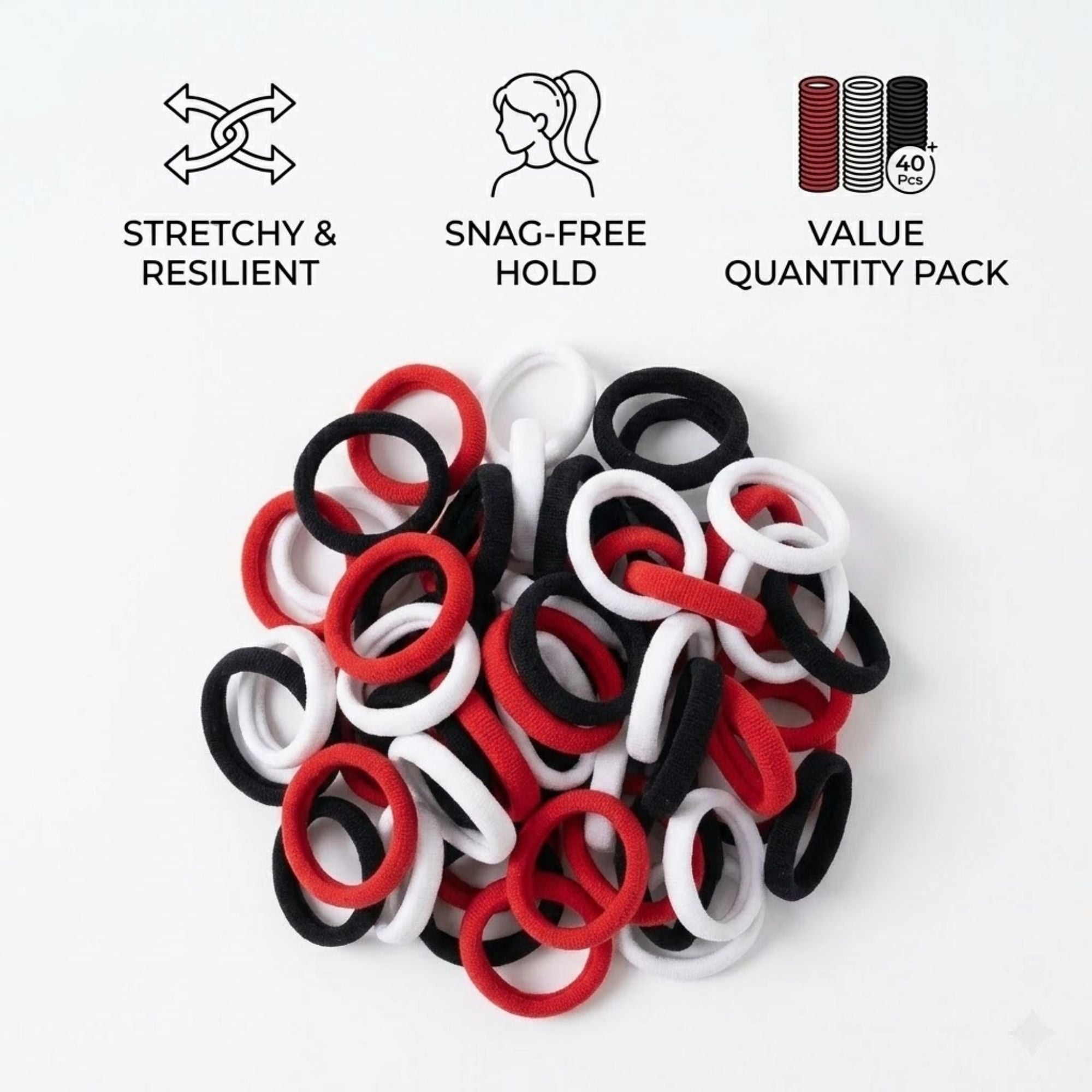 40 PCS Black White Red Elastic Hair Ties for Girls & Kids Hair Bands product detail image