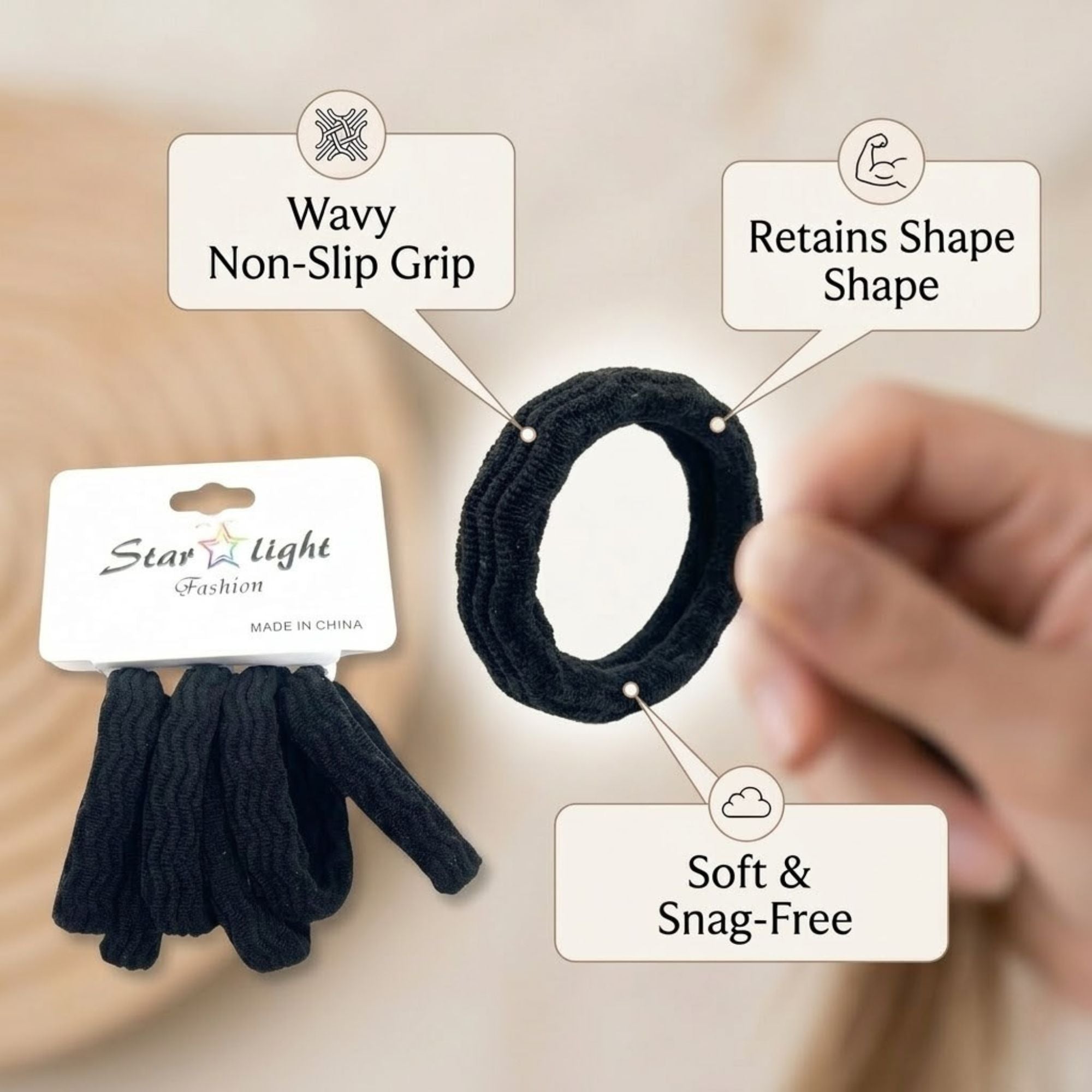 Black Premium Elastic Stretchable Hair Ties for Women, 6 PCS Hair Bands product detail image