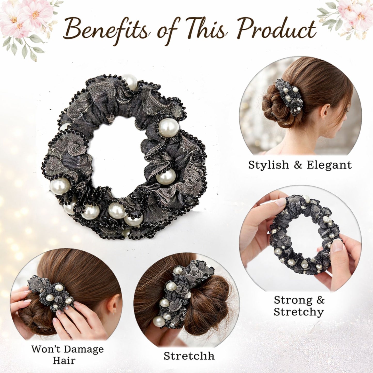 2.5" Pearl Lace Scrunchie Hair Ties for Women & Girls, 2 PCS Hair Bands product image 7