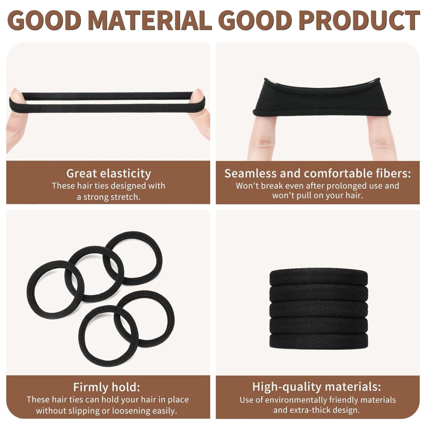 4" Black Elastic Hair Ties for Girls & Women, 5 Pcs Hair Bands size and feature image