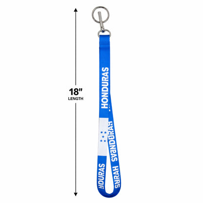 Blue and white lanyard with 'Honduras' text and measurement label on a white background