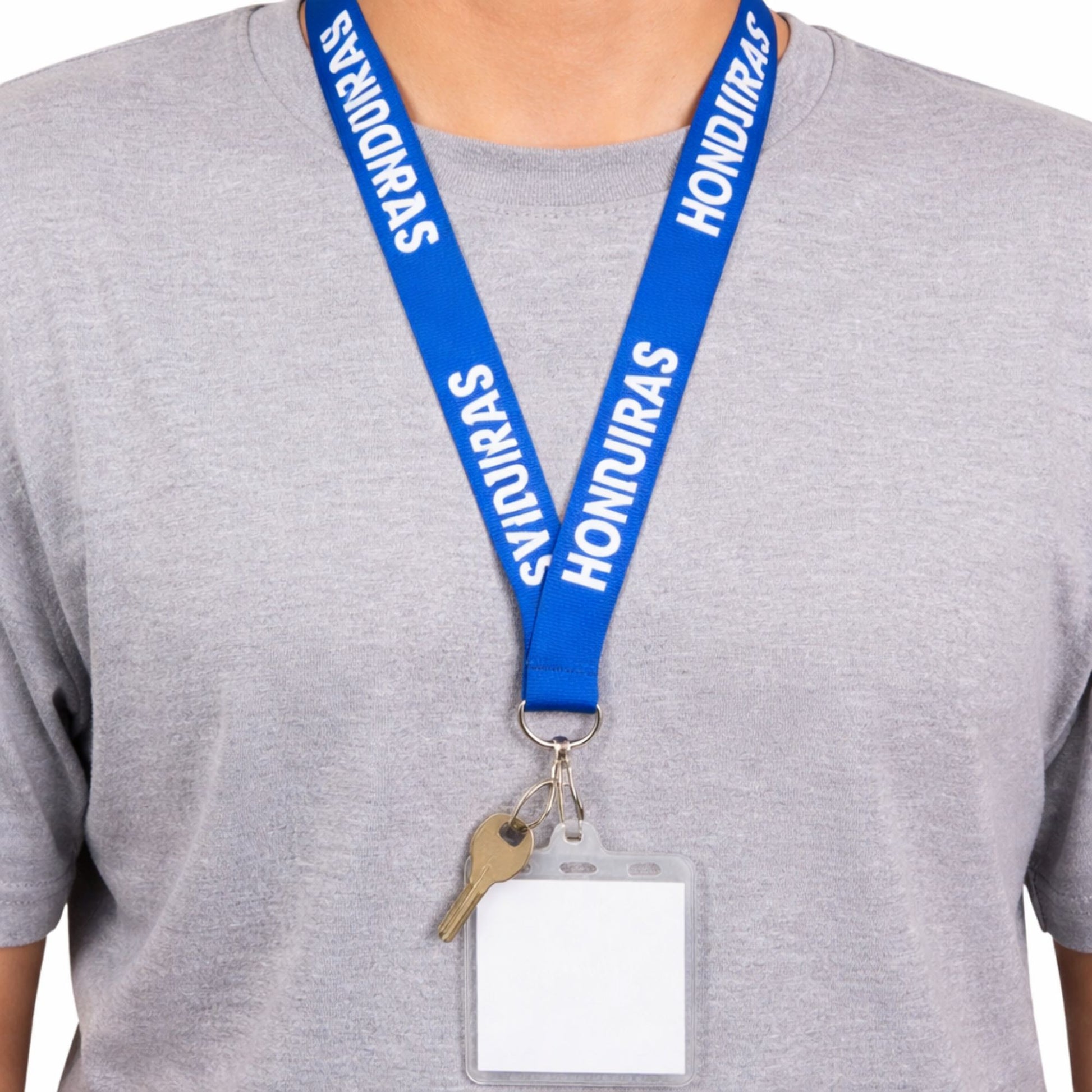 Blue lanyard with 'Honduras' text around a person's neck on a gray background