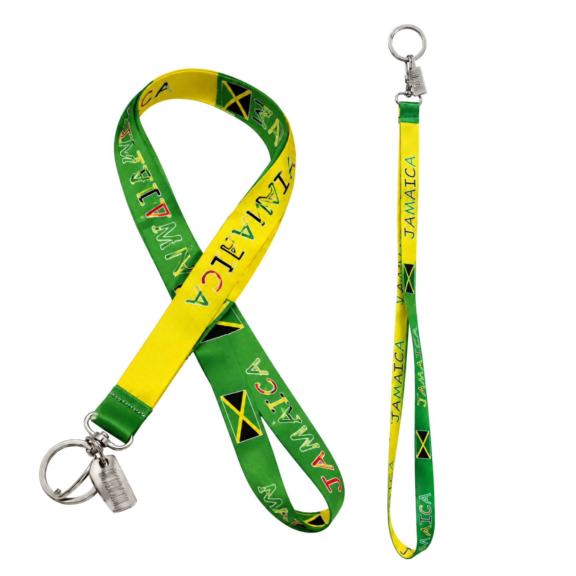 Green and yellow lanyard with 'Jamaica' text and flag design on a white background