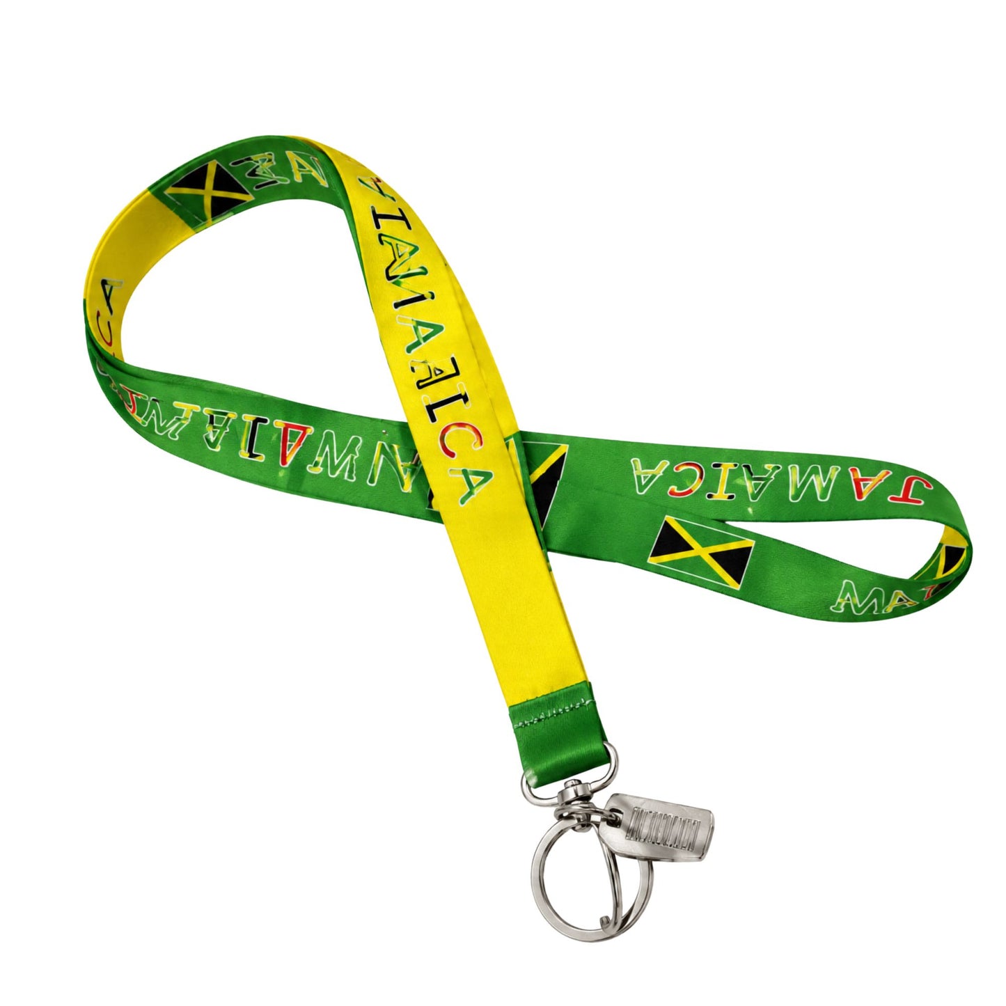 Green and yellow Jamaican flag lanyard on a white background