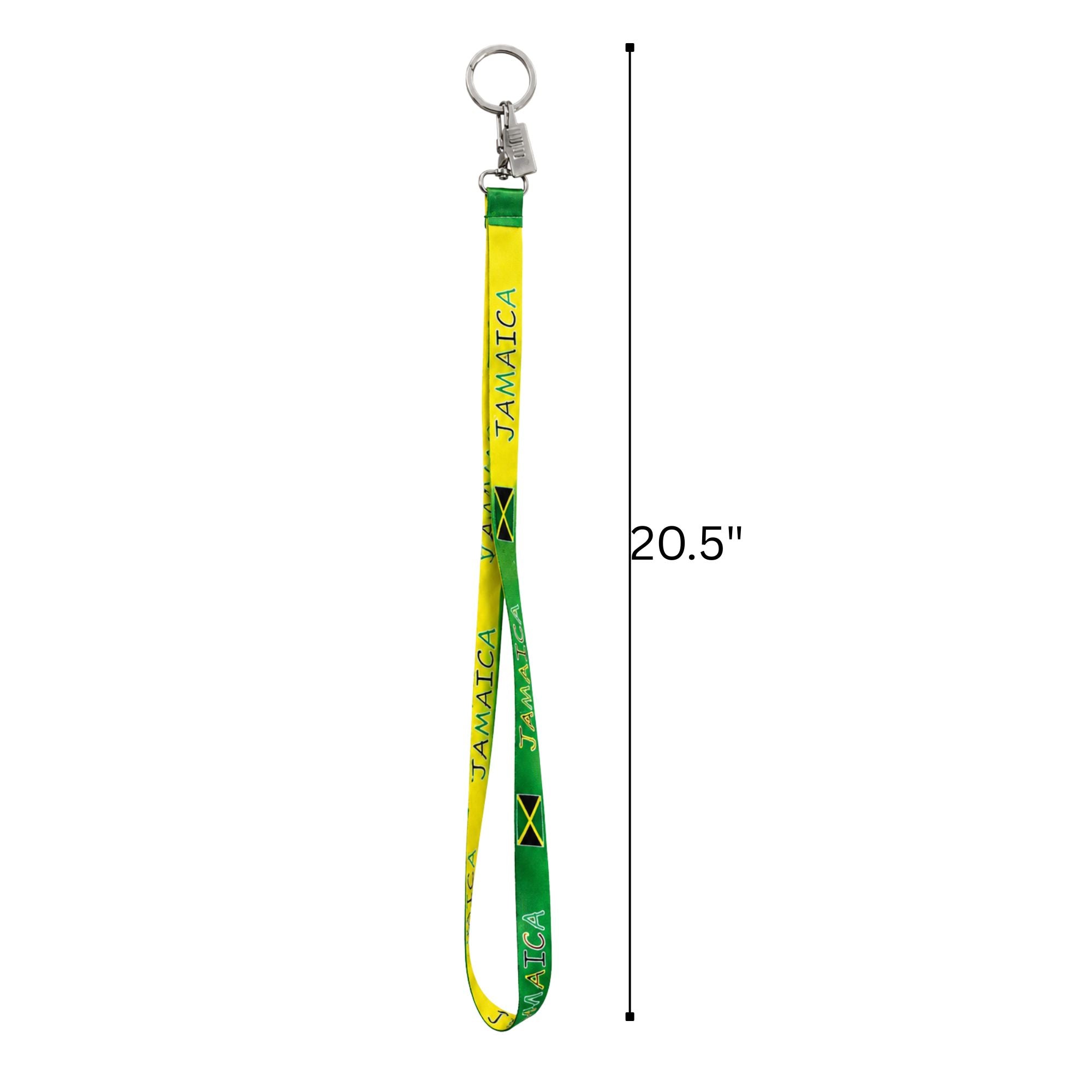 Jamaican flag-themed lanyard with measurements on a white background