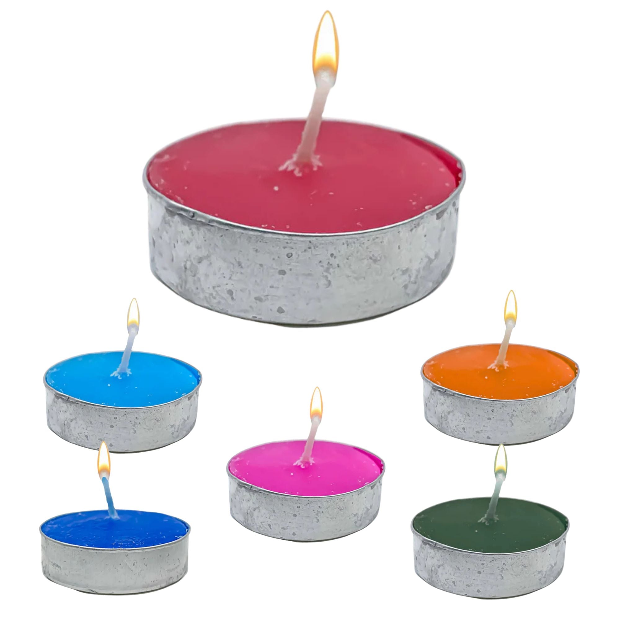 Set of colorful tealight candles in metal holders on a white background