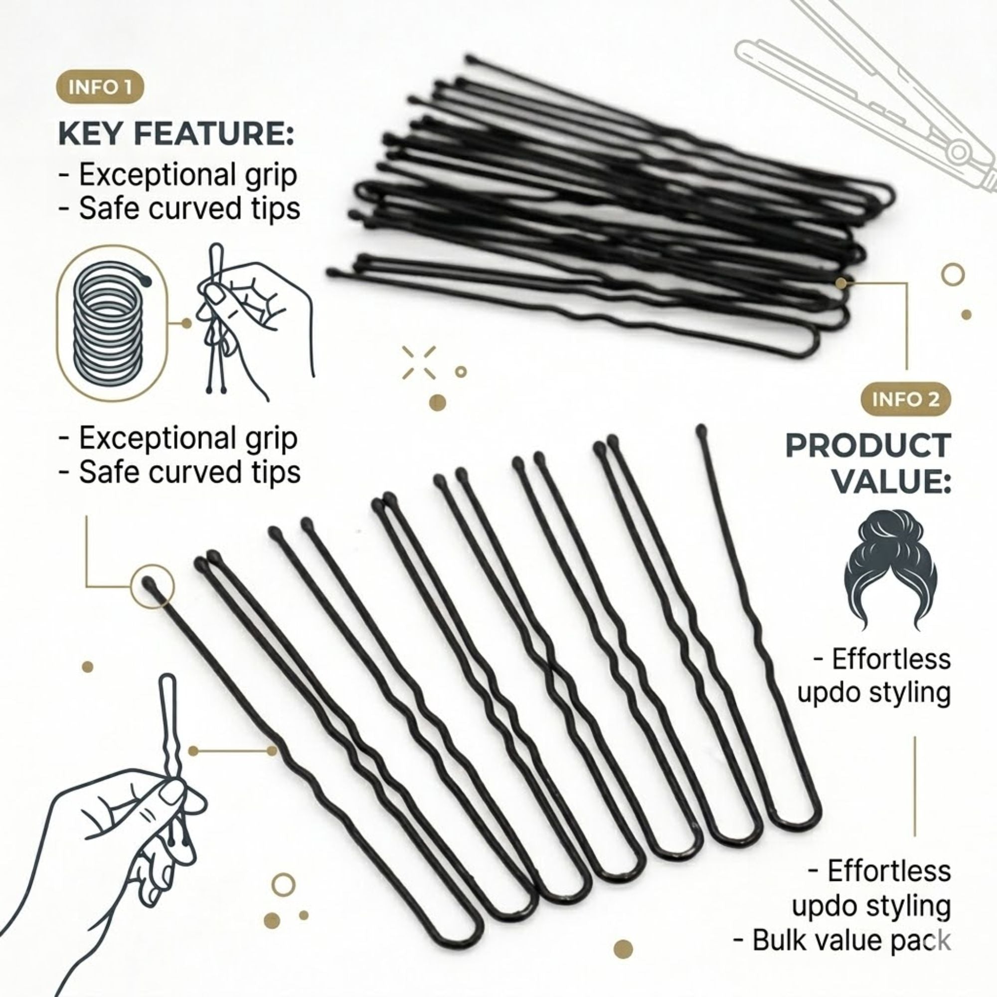 3 Inch LZ Premium Hair Pins 36 Pieces for Secure Styling Hair Pins, Claws & Clips size and feature image