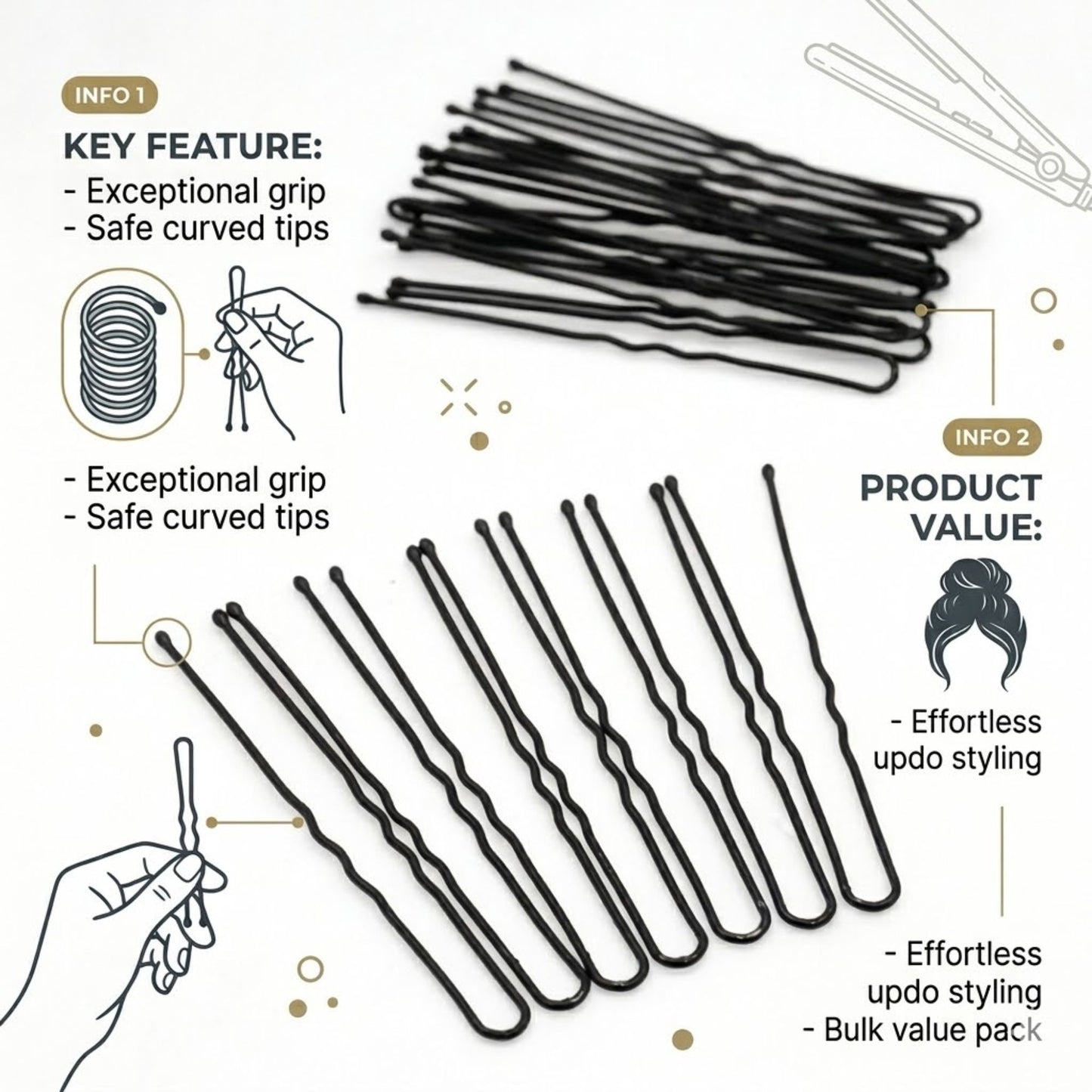 3 Inch LZ Premium Hair Pins 36 Pieces for Secure Styling Hair Pins, Claws & Clips size and feature image