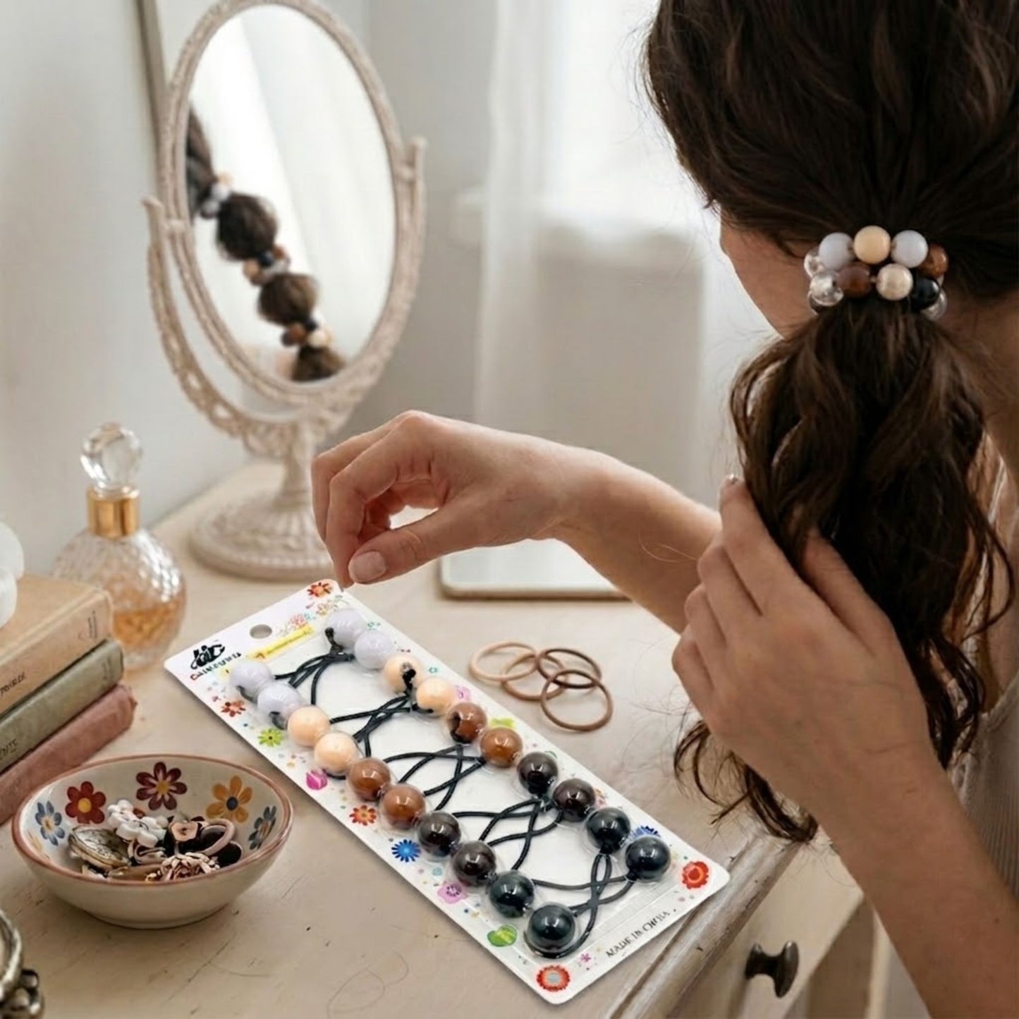 3.5" Neutral Bead Elastic Ponytail Hair Tie Set 10 Piece Ponytail holder lifestyle use image