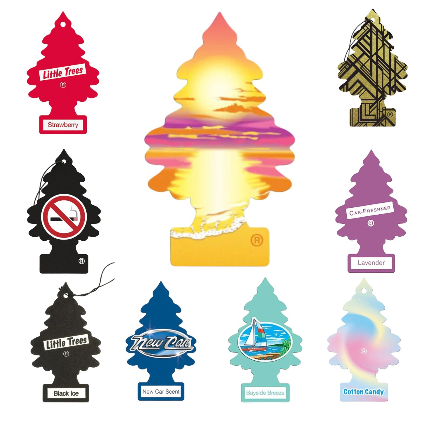 Collection of colorful Little Trees car air fresheners on a white background