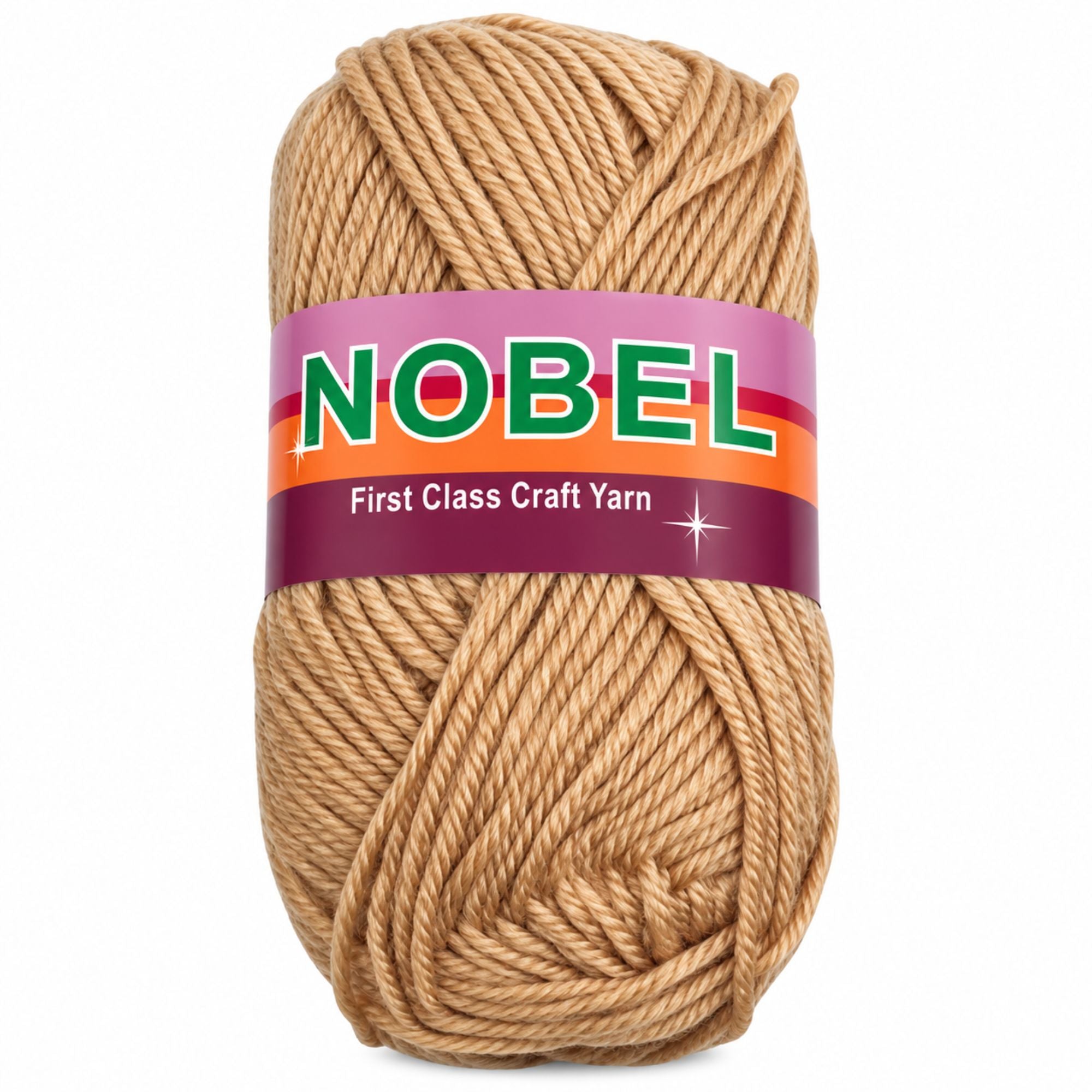 A skein of beige craft yarn wrapped with a pink, orange, and purple label that reads 'NOBEL First Class Craft Yarn' on a white background.