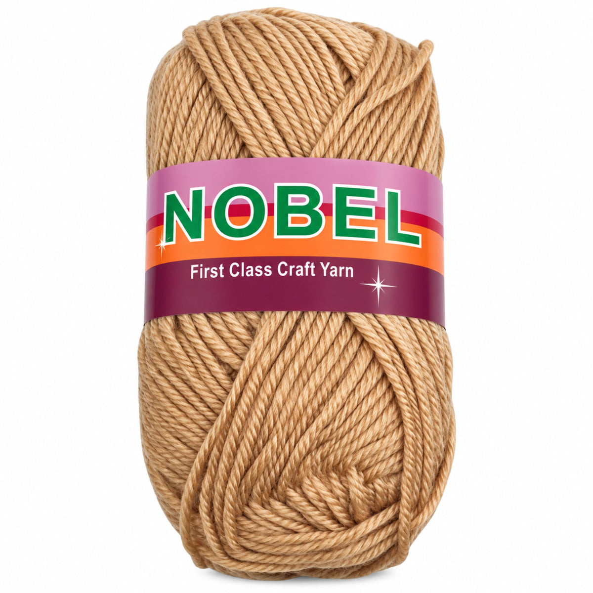 A skein of beige craft yarn wrapped with a pink, orange, and purple label that reads 'NOBEL First Class Craft Yarn' on a white background.