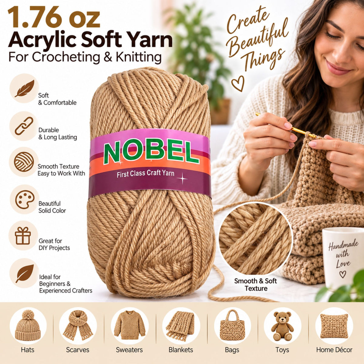 A large ball of beige/tan acrylic soft yarn with a colorful NOBEL label is centered on a promotional graphic. The image includes text reading '1.