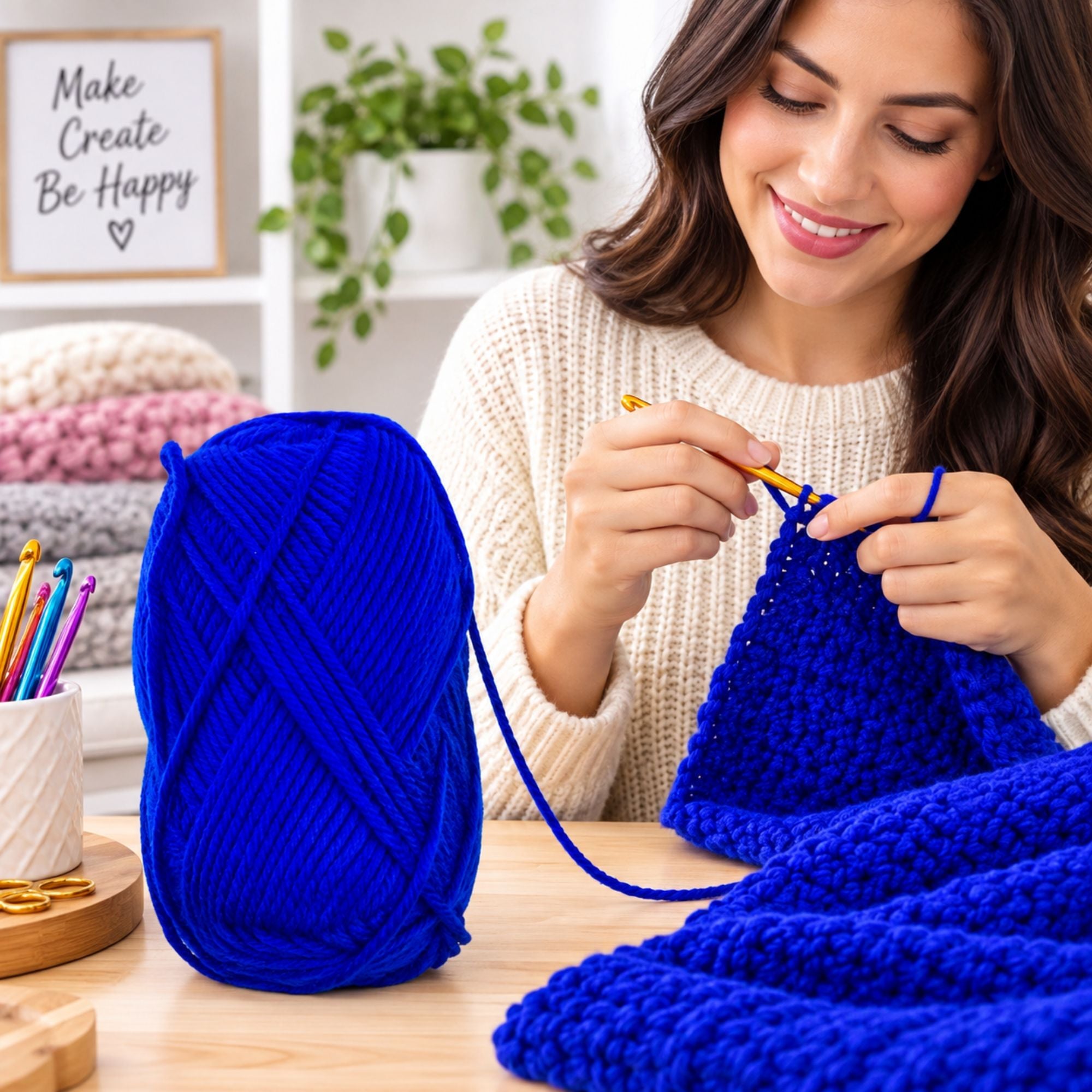 A woman crochets with a bright blue yarn ball and crochet hook on a wooden table, with a framed sign reading 'Make Create Be Happy' in the background.