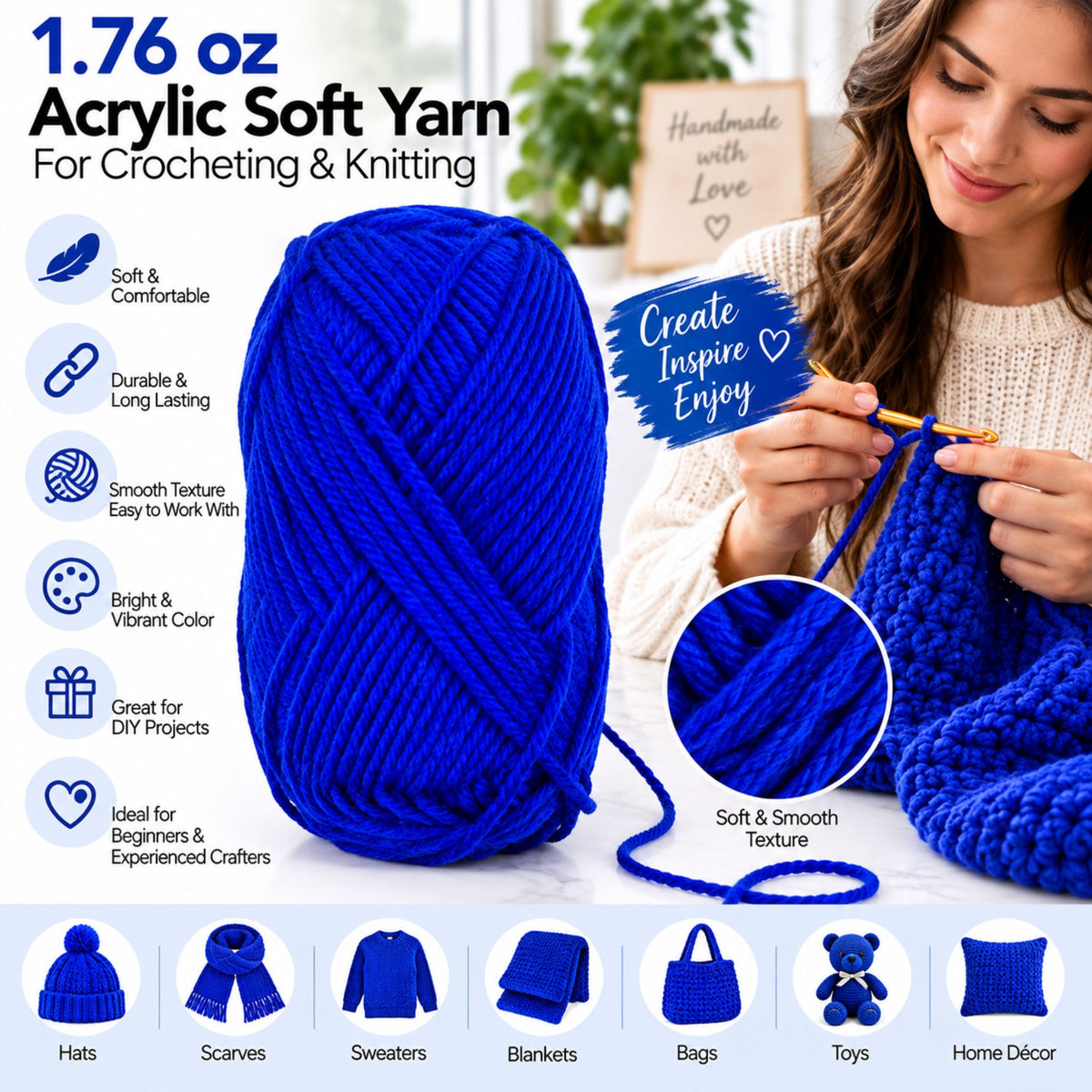 A large ball of bright royal blue acrylic soft yarn is shown on a white background with marketing text and icons. A woman in a cream sweater is partially visible on the right, knitting with a yellow crochet hook and blue yarn.