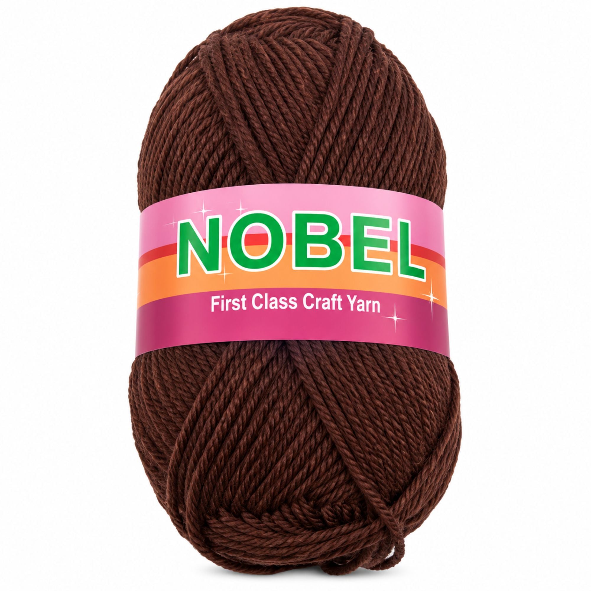 A skein of dark brown craft yarn with a pink, orange, and green NOBEL brand label, shown on a plain white background.