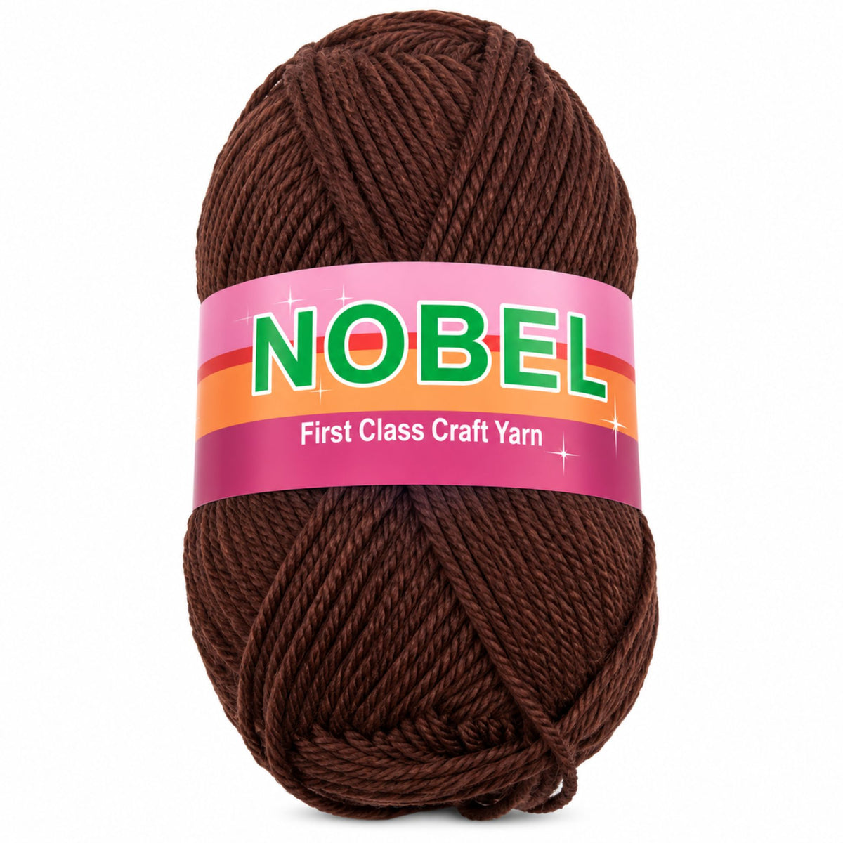 A skein of dark brown craft yarn with a pink, orange, and green NOBEL brand label, shown on a plain white background.