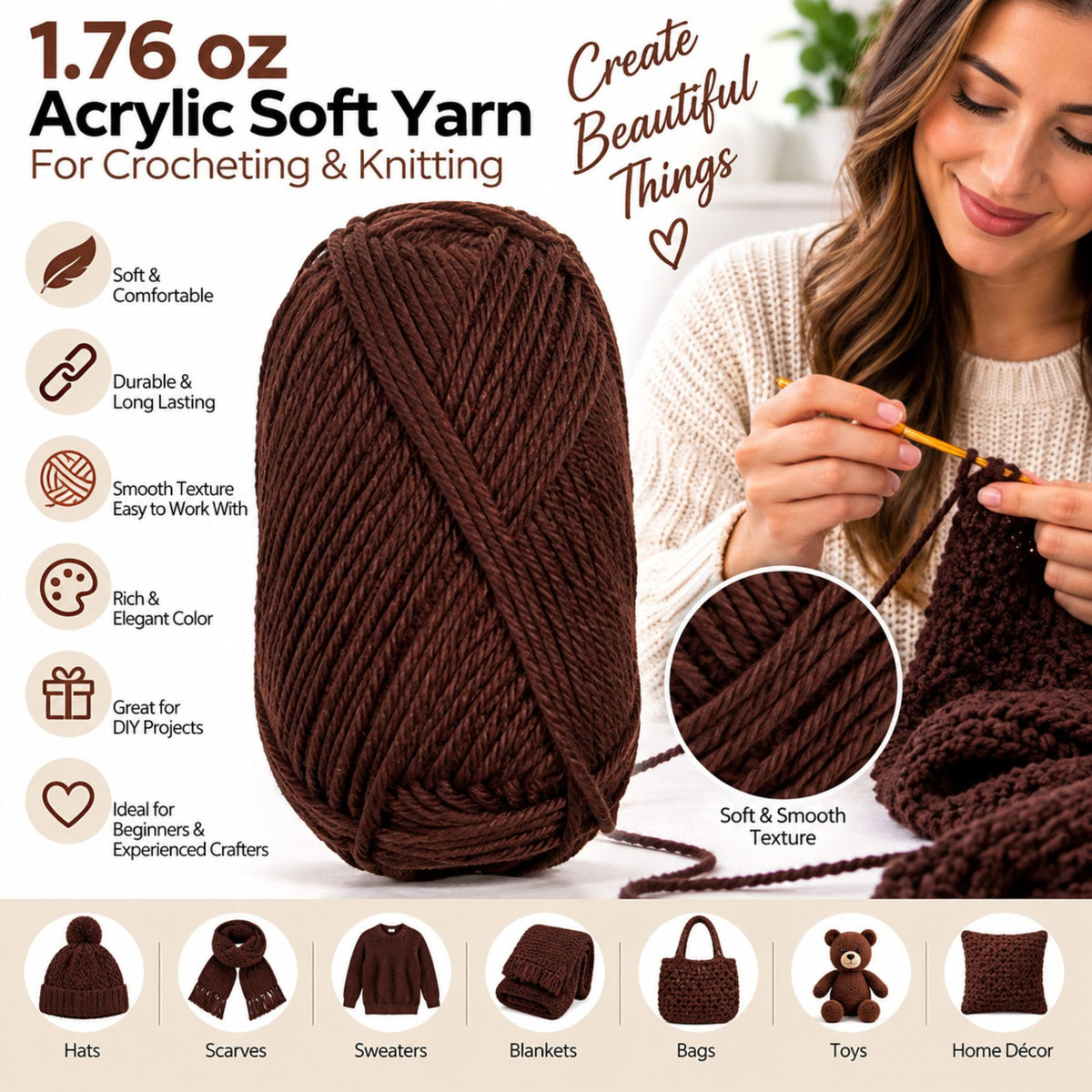 1.76 oz Acrylic Soft Yarn for Crocheting & Knitting – Craft Yarn for DIY Projects, Handmade Crafts, Beginners & Experienced Crafters