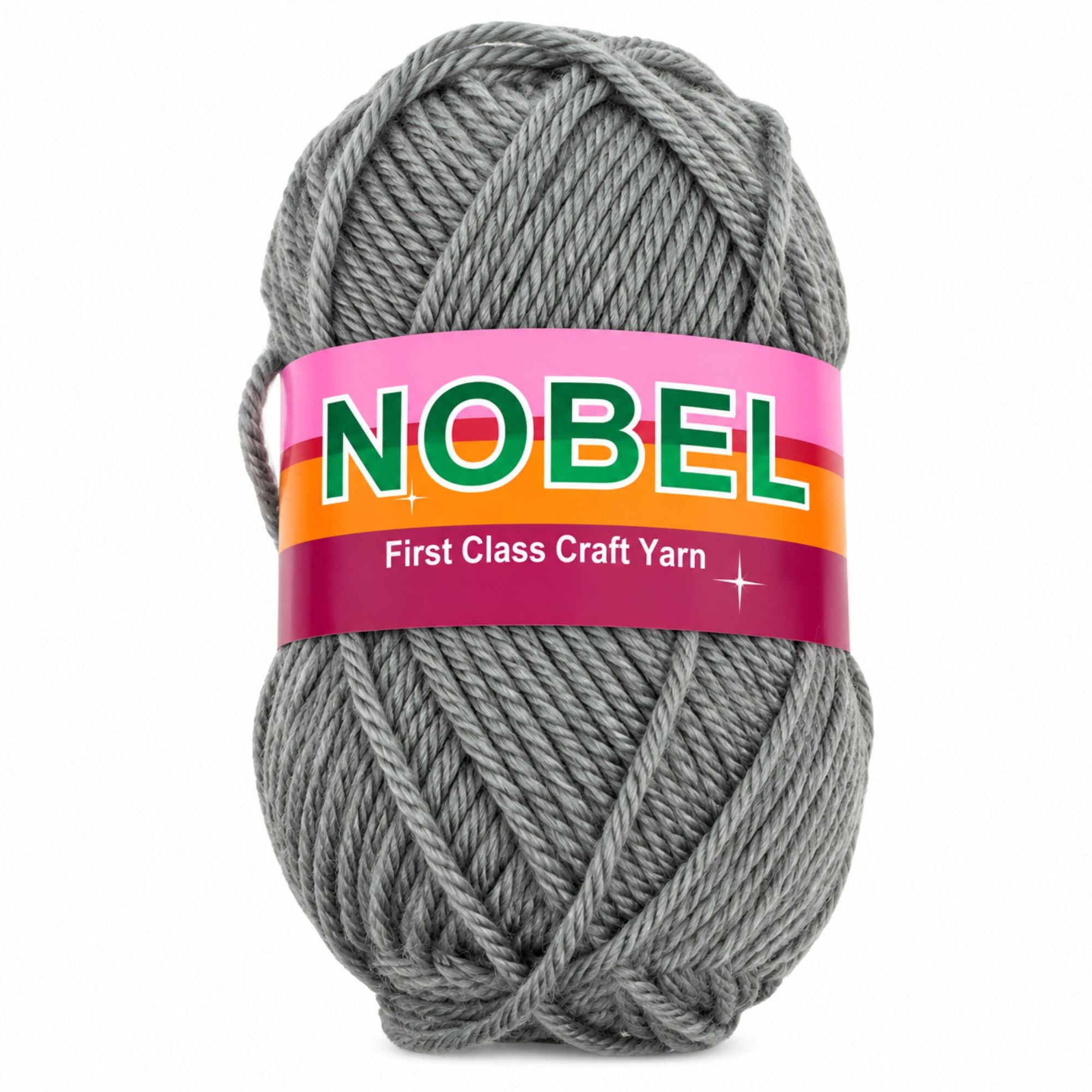 A single skein of gray craft yarn with a pink, orange, and green NOBEL brand label, shown on a plain white background.