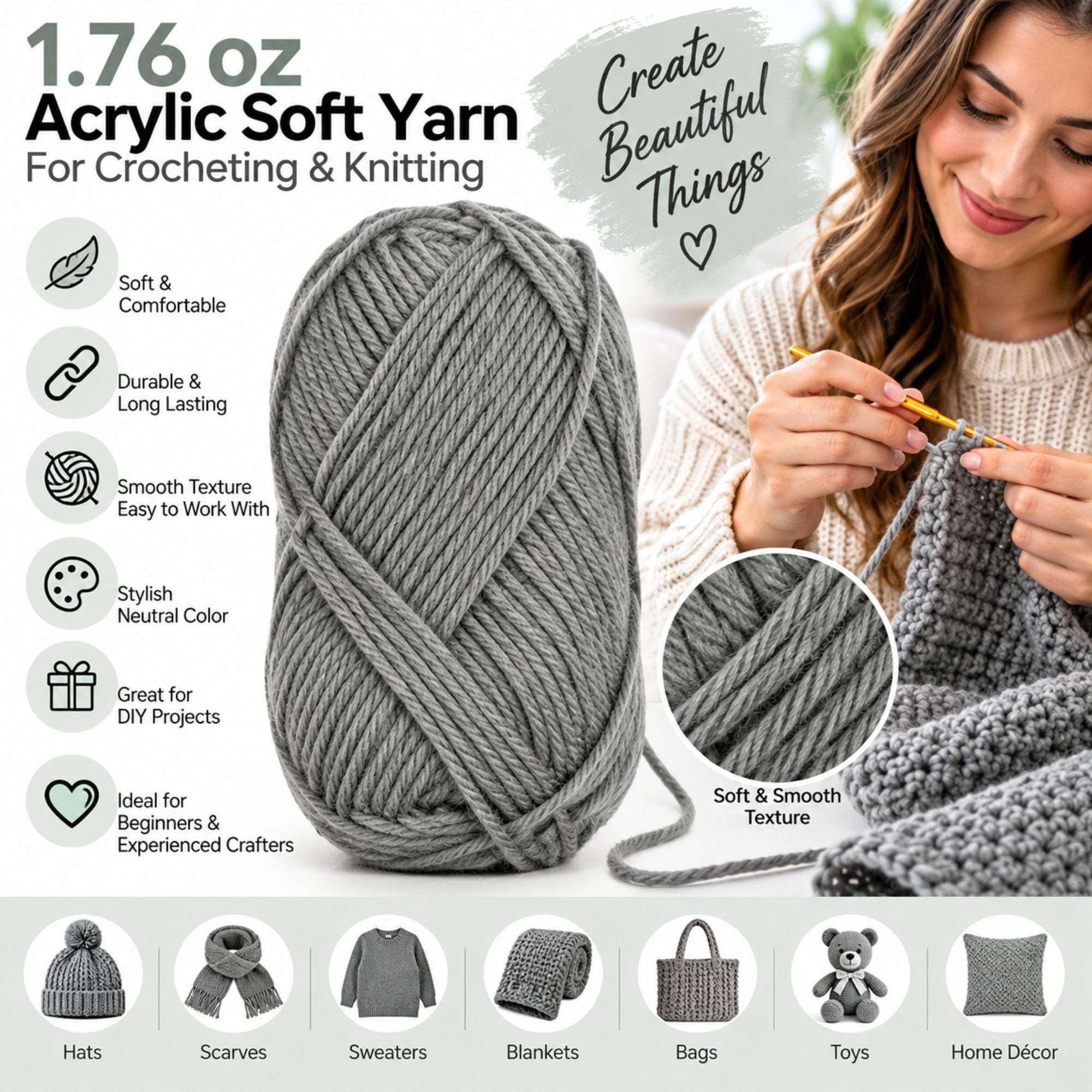 1.76 oz Acrylic Soft Yarn for Crocheting & Knitting – Craft Yarn for DIY Projects, Handmade Crafts, Beginners & Experienced Crafters