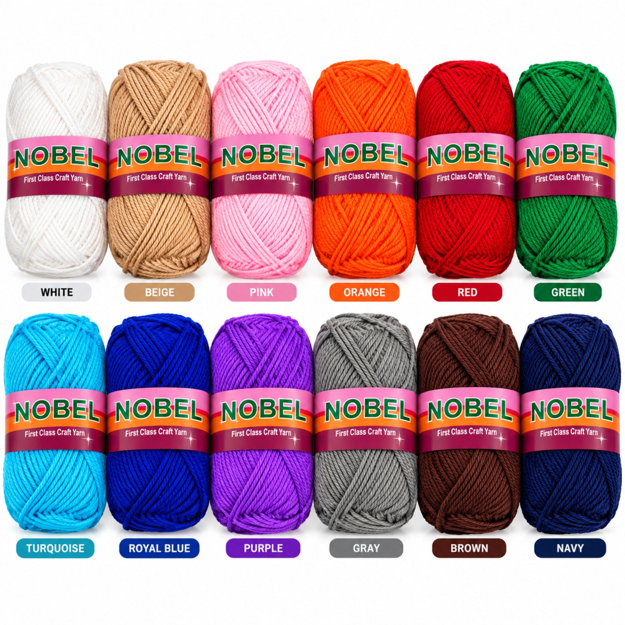Twelve skeins of NOBEL yarn arranged in two rows on a white background, with color names printed below each skein. The yarn comes in white, beige, pink, orange, red, green, turquoise, royal blue, purple, gray, brown, and navy.