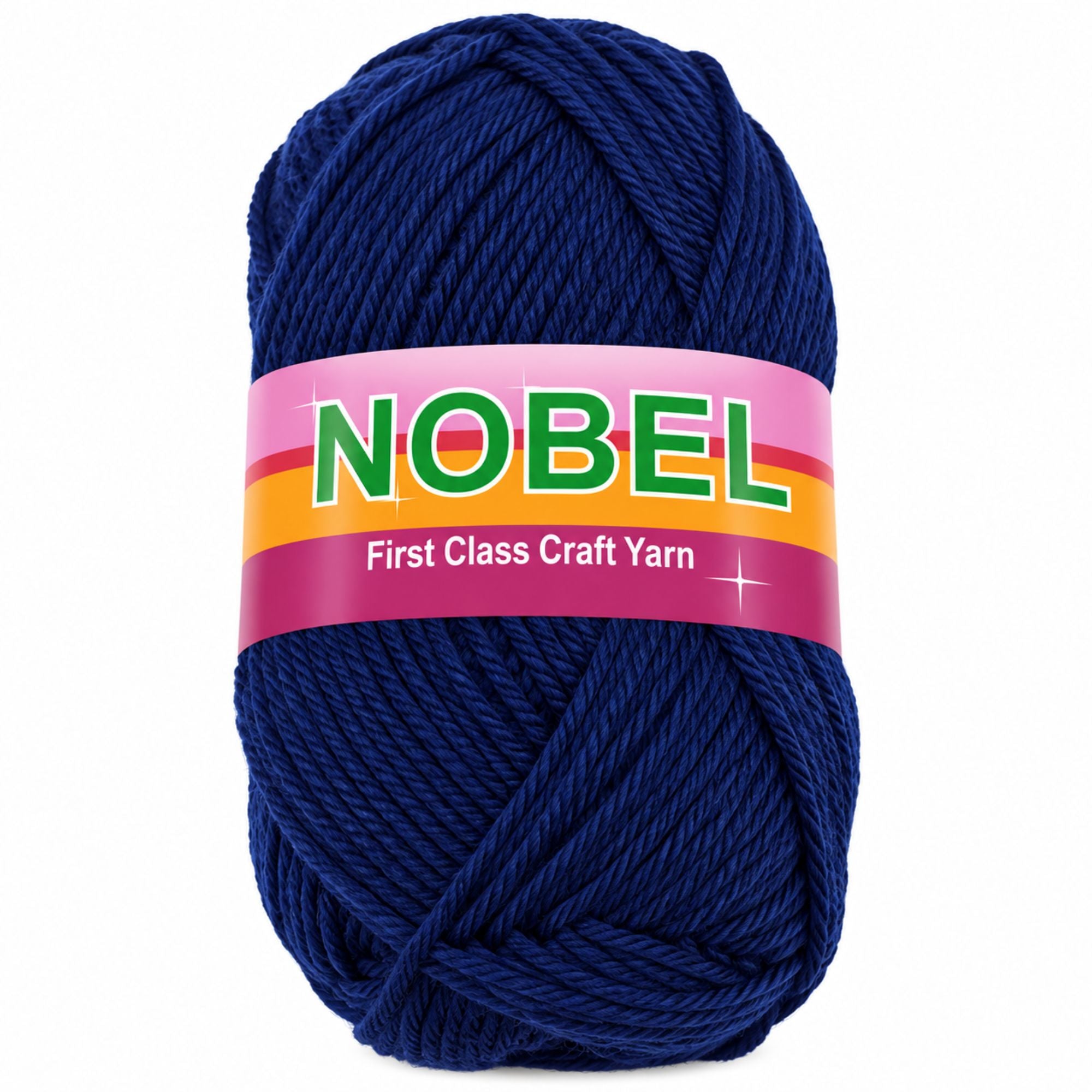 A skein of dark navy blue craft yarn with a pink, orange, and green paper label that reads 'NOBEL First Class Craft Yarn' on a plain white background.