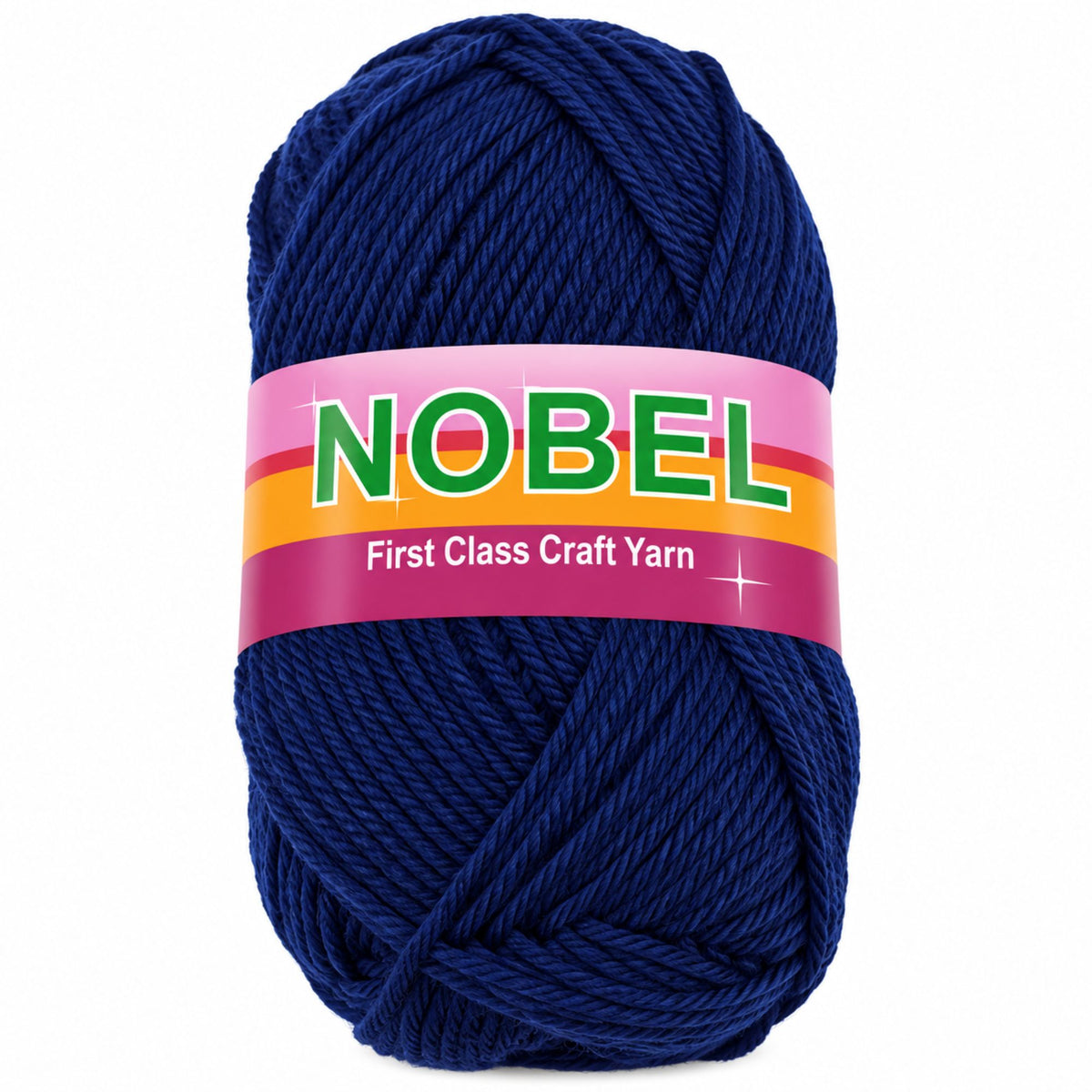 A skein of dark navy blue craft yarn with a pink, orange, and green paper label that reads 'NOBEL First Class Craft Yarn' on a plain white background.