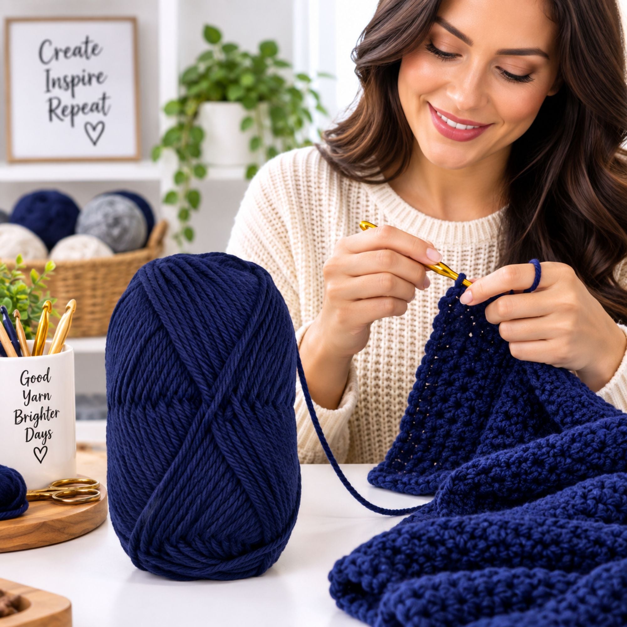 A woman crochets a chunky navy blue blanket while sitting at a white table. A large ball of matching navy yarn sits on the table next to her, with knitting tools and a cozy home craft setting in the background.
