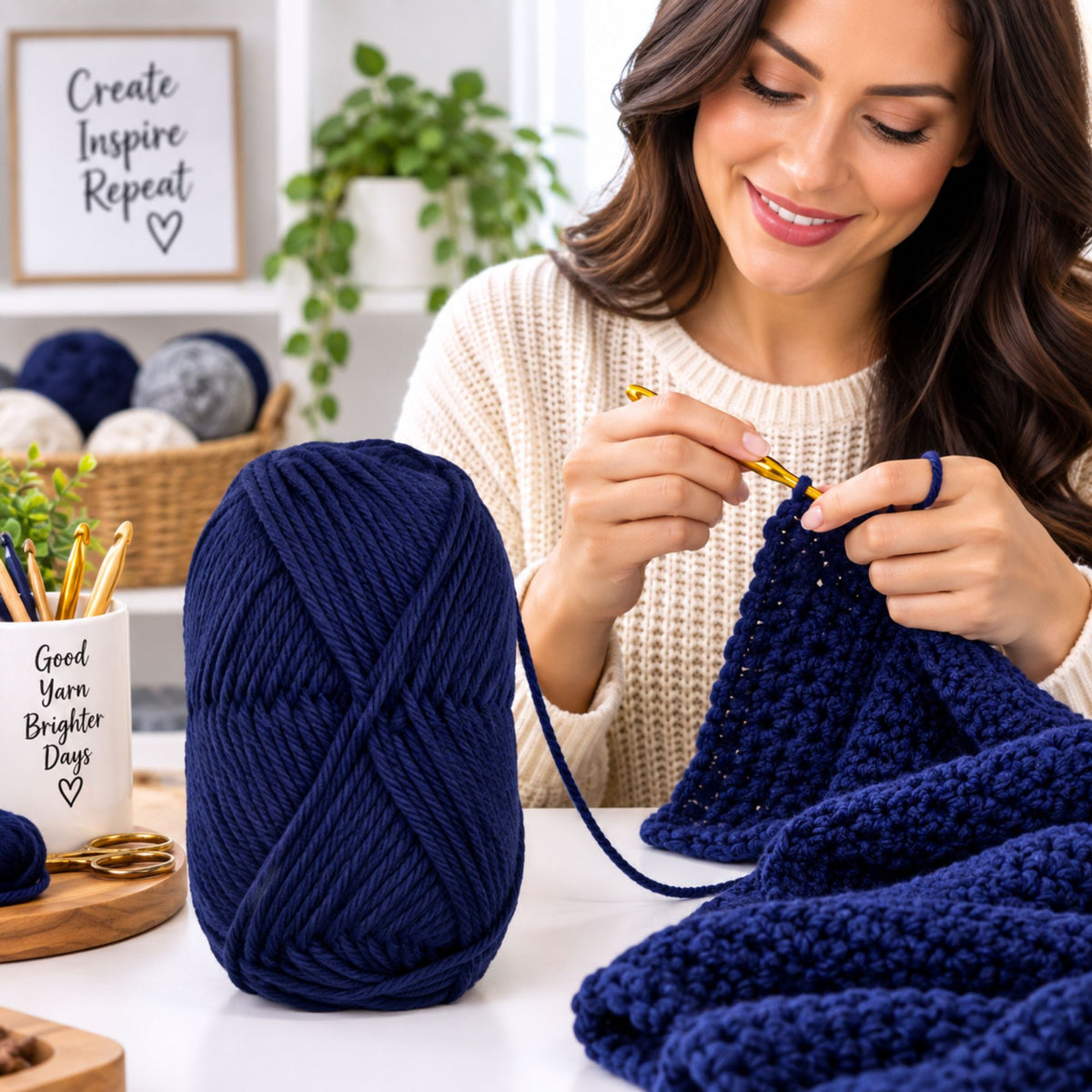 A woman crochets a chunky navy blue blanket while sitting at a white table. A large ball of matching navy yarn sits on the table next to her, with knitting tools and a cozy home craft setting in the background.