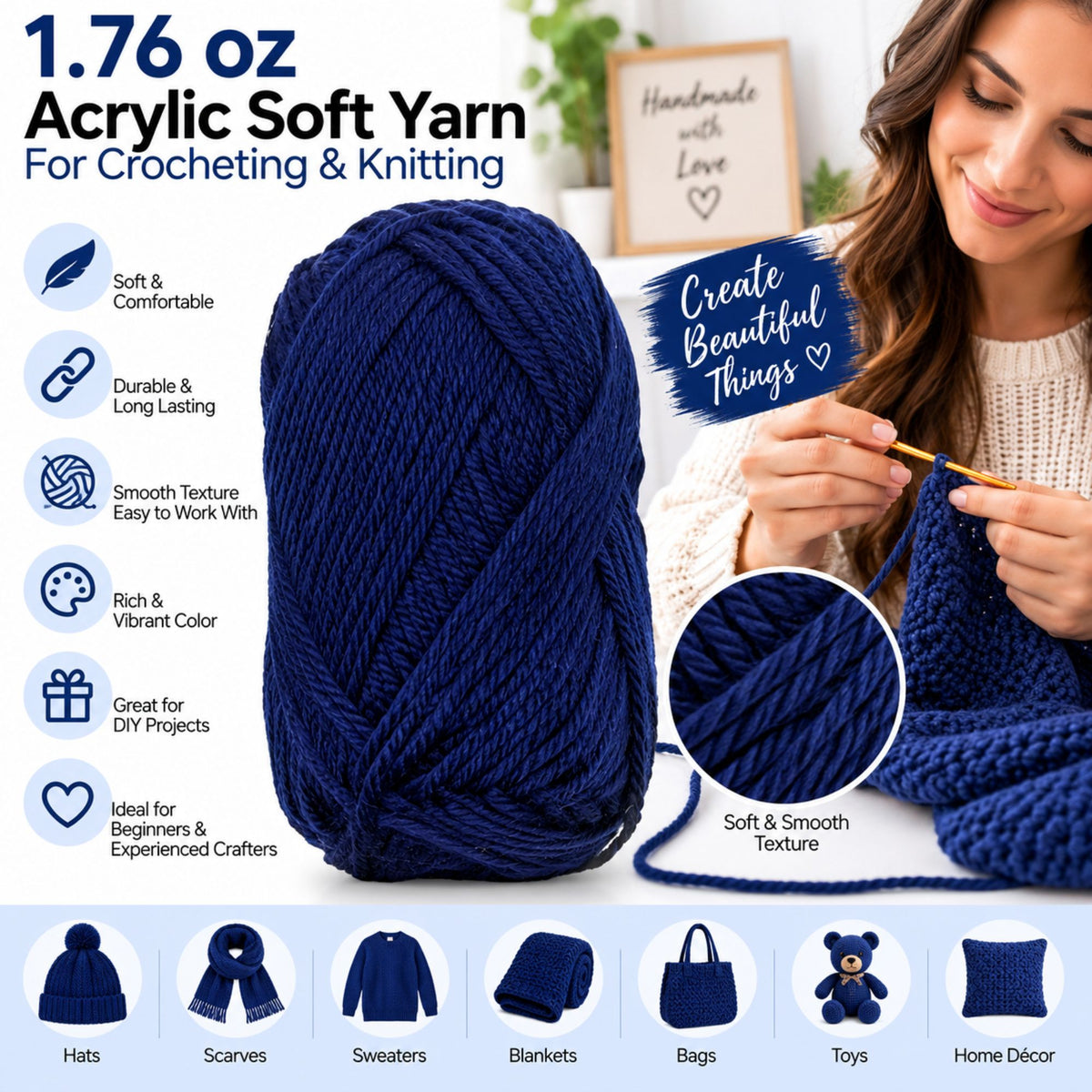 A large ball of dark navy blue acrylic soft yarn is shown on a white background with promotional text, icons, and a woman crocheting on the right. The image highlights the yarn's soft texture, durability, and suitability for crocheting and knitting projects.