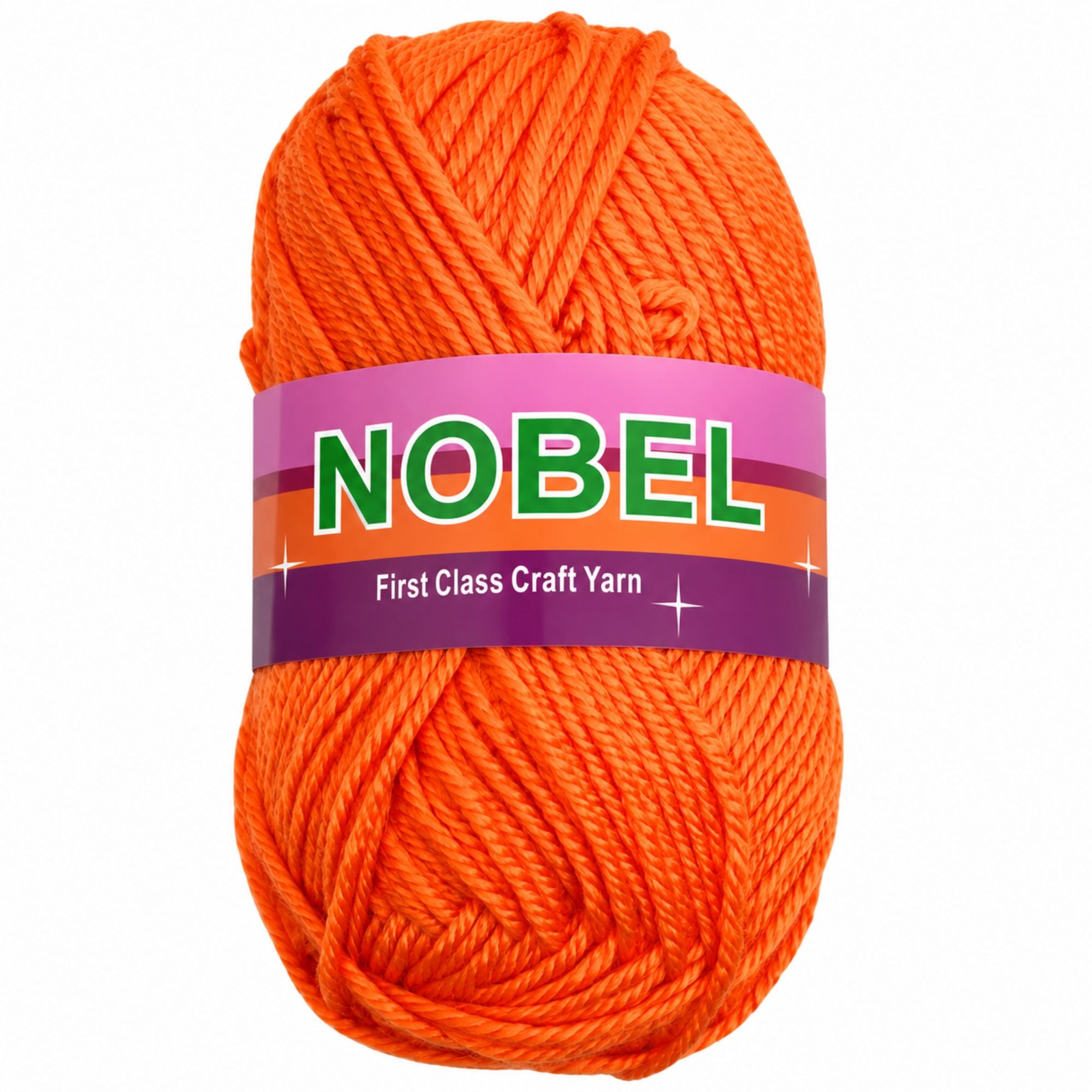 A bright orange ball of yarn with a purple, pink, and orange paper label that reads 'NOBEL First Class Craft Yarn' in green and white text, set against a plain white background.