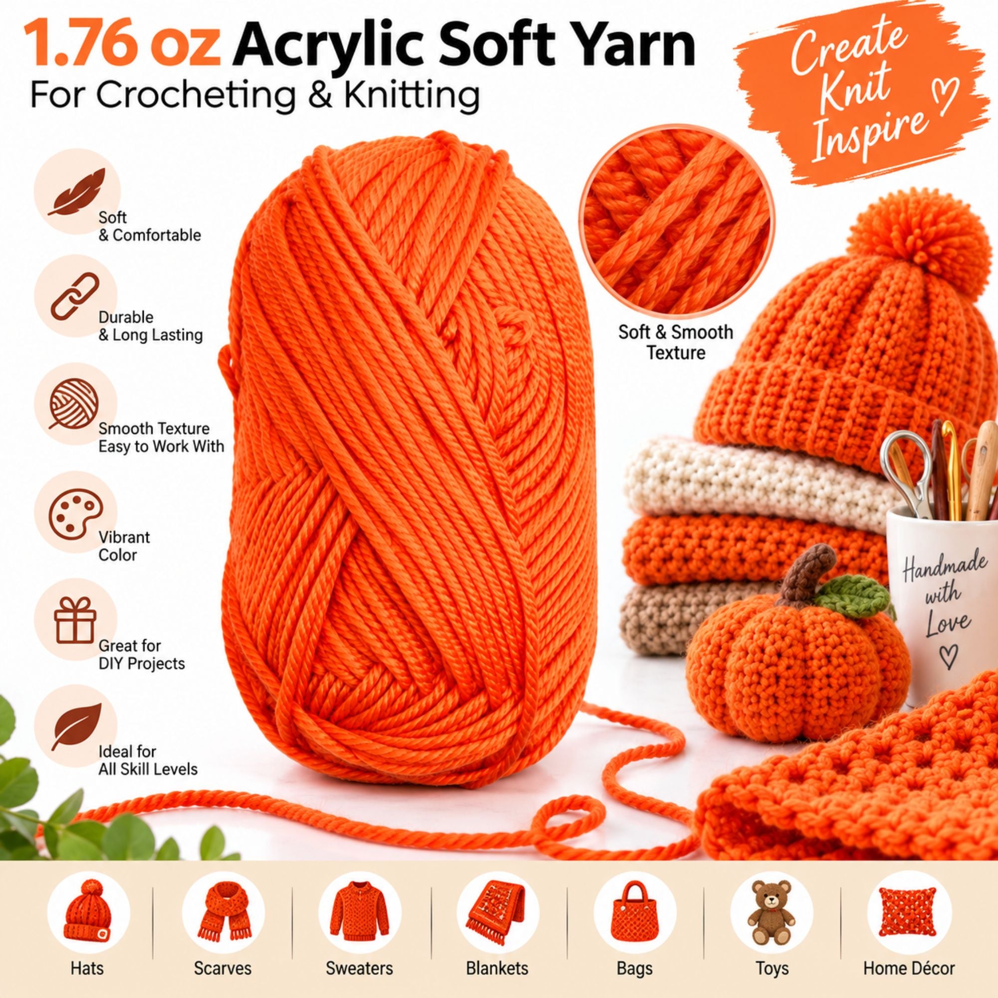 1.76 oz Acrylic Soft Yarn for Crocheting & Knitting – Craft Yarn for DIY Projects, Handmade Crafts, Beginners & Experienced Crafters