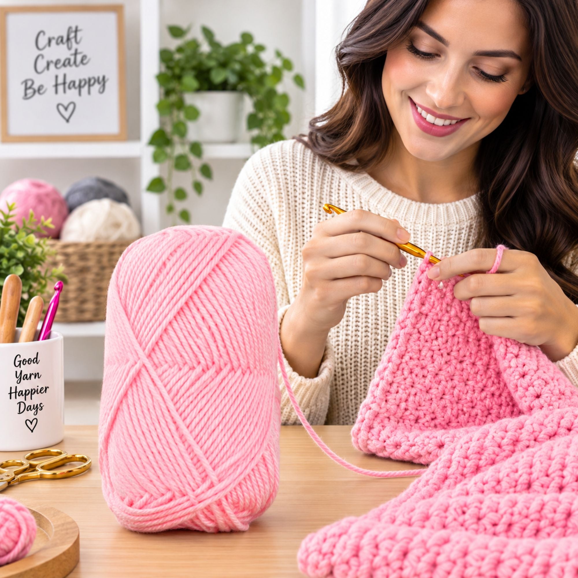 A woman crochets a pink blanket while sitting at a wooden table with a large ball of pink yarn beside her. The scene is set in a bright, cozy craft room with shelves, plants, and crochet hooks in the background.
