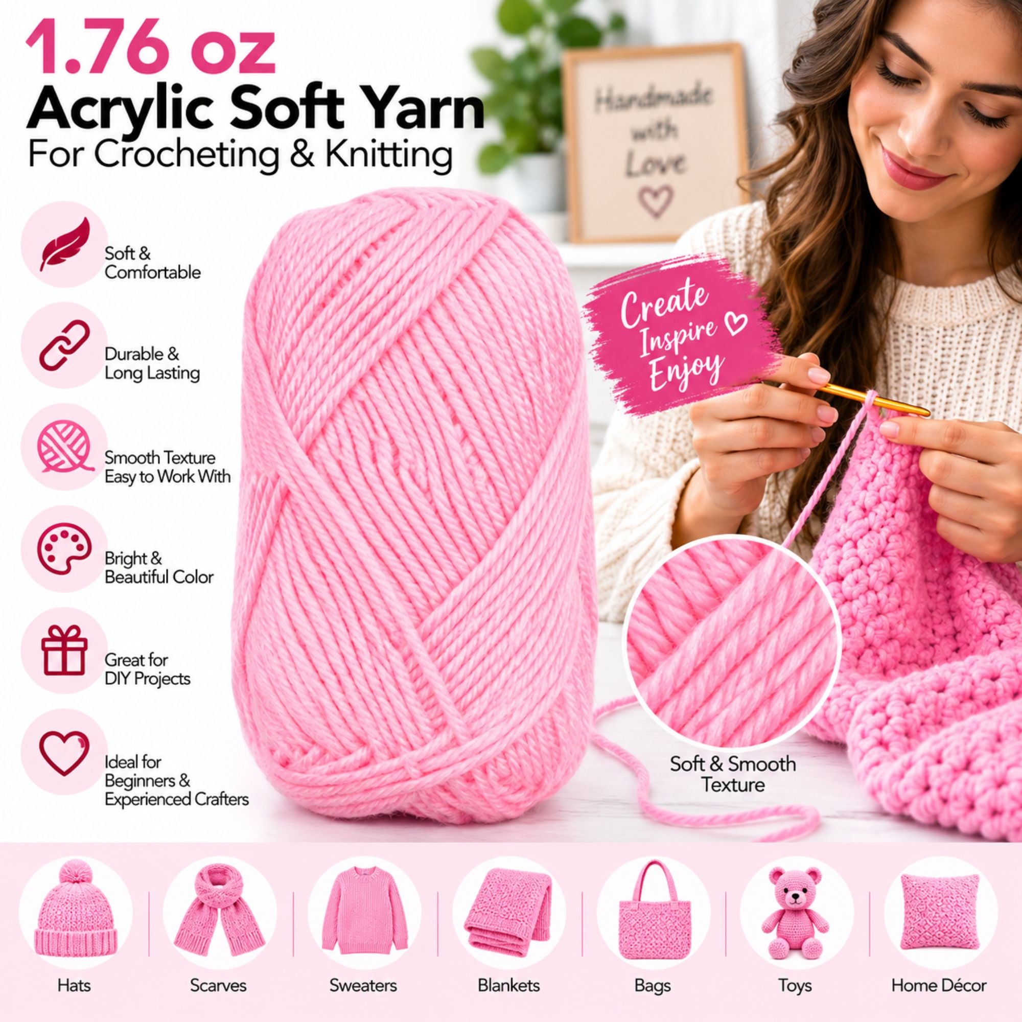 1.76 oz Acrylic Soft Yarn for Crocheting & Knitting – Craft Yarn for DIY Projects, Handmade Crafts, Beginners & Experienced Crafters