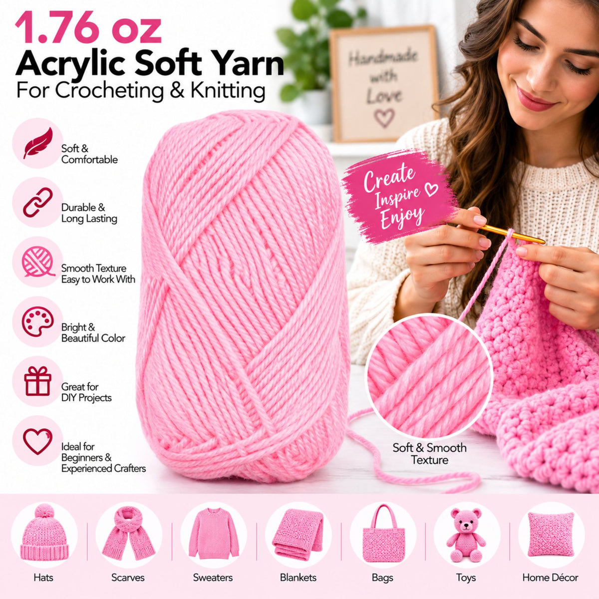 1.76 oz Acrylic Soft Yarn for Crocheting & Knitting – Craft Yarn for DIY Projects, Handmade Crafts, Beginners & Experienced Crafters