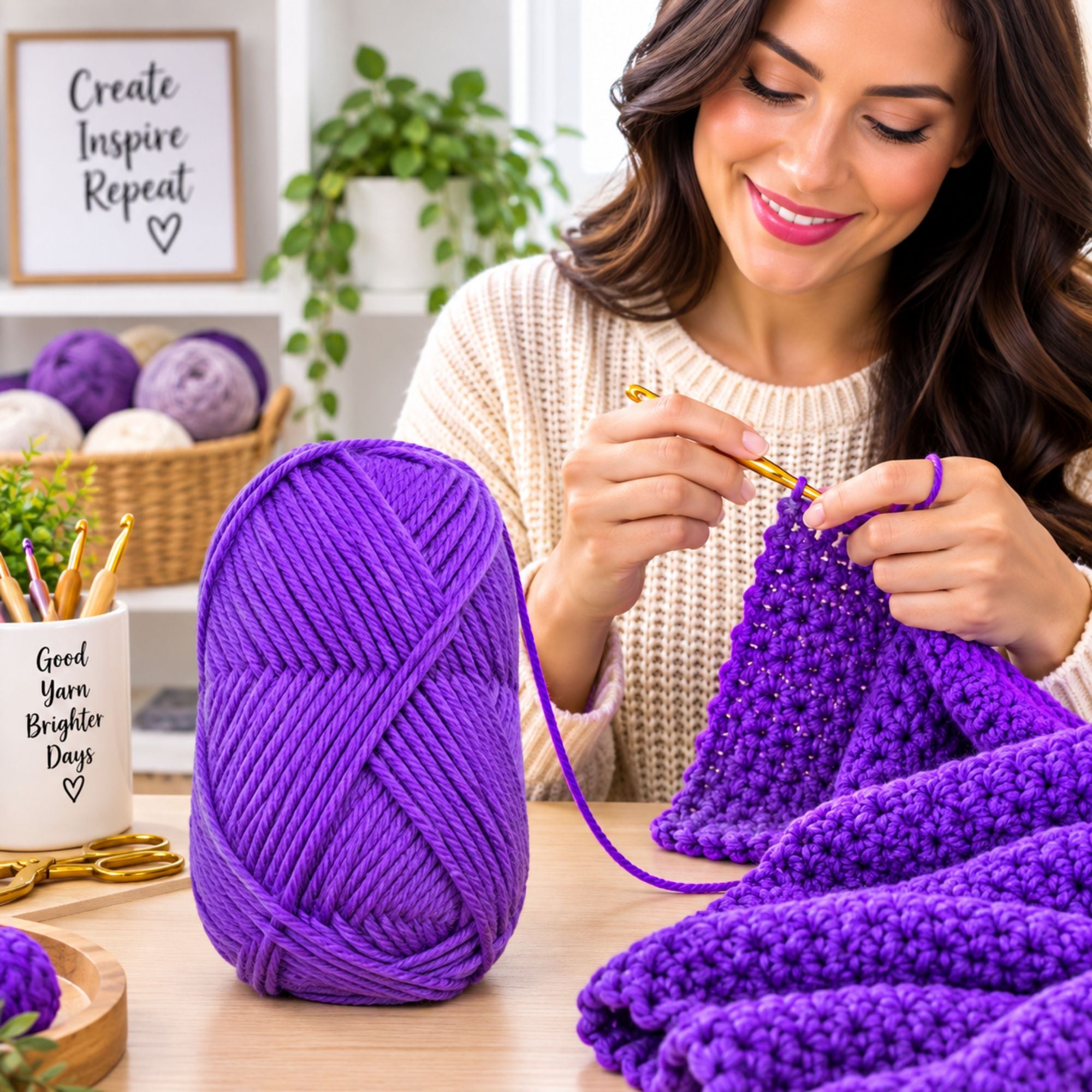 A woman crochets a purple blanket while sitting at a table with a large ball of purple yarn and a gold crochet hook. The scene is set in a bright, cozy room with plants, baskets of yarn, and a sign that reads 'Create Inspire Repeat'.