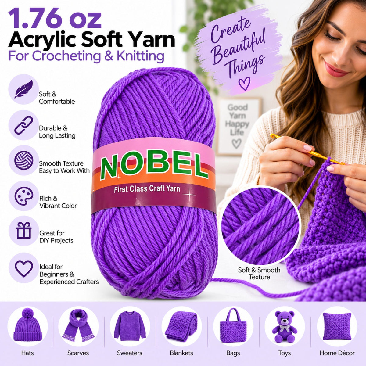 A large purple ball of NOBEL brand acrylic soft yarn is centered on a white promotional graphic with text, icons, and a woman crocheting on the right. The image highlights the yarn's soft texture, durability, and suitability for crocheting and knitting projects.