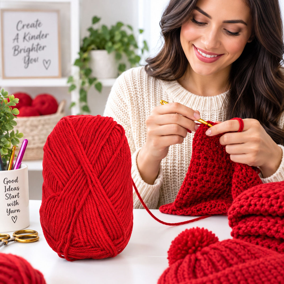 A woman in a cream knit sweater crochets a red knitted hat while a large ball of bright red yarn sits on the table beside her. The scene is styled with crochet hooks, scissors, framed wall art, and additional red knitted items in a bright indoor setting.