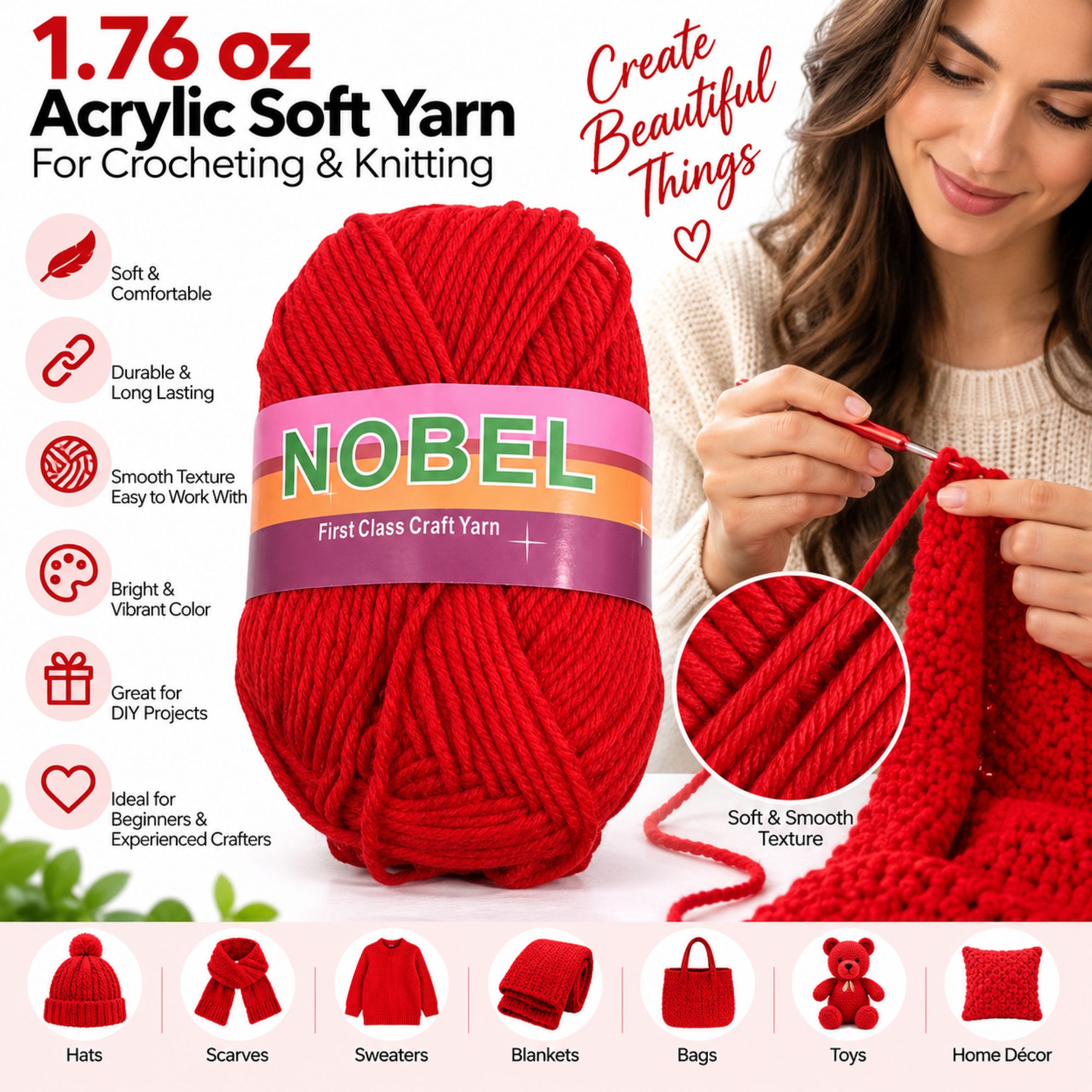 A large red ball of NOBEL acrylic soft yarn is shown on a white promotional background with a woman crocheting on the right, text callouts on the left, and small product-use icons along the bottom. The main sellable product is the yarn ball, not the person or the crochet activity.