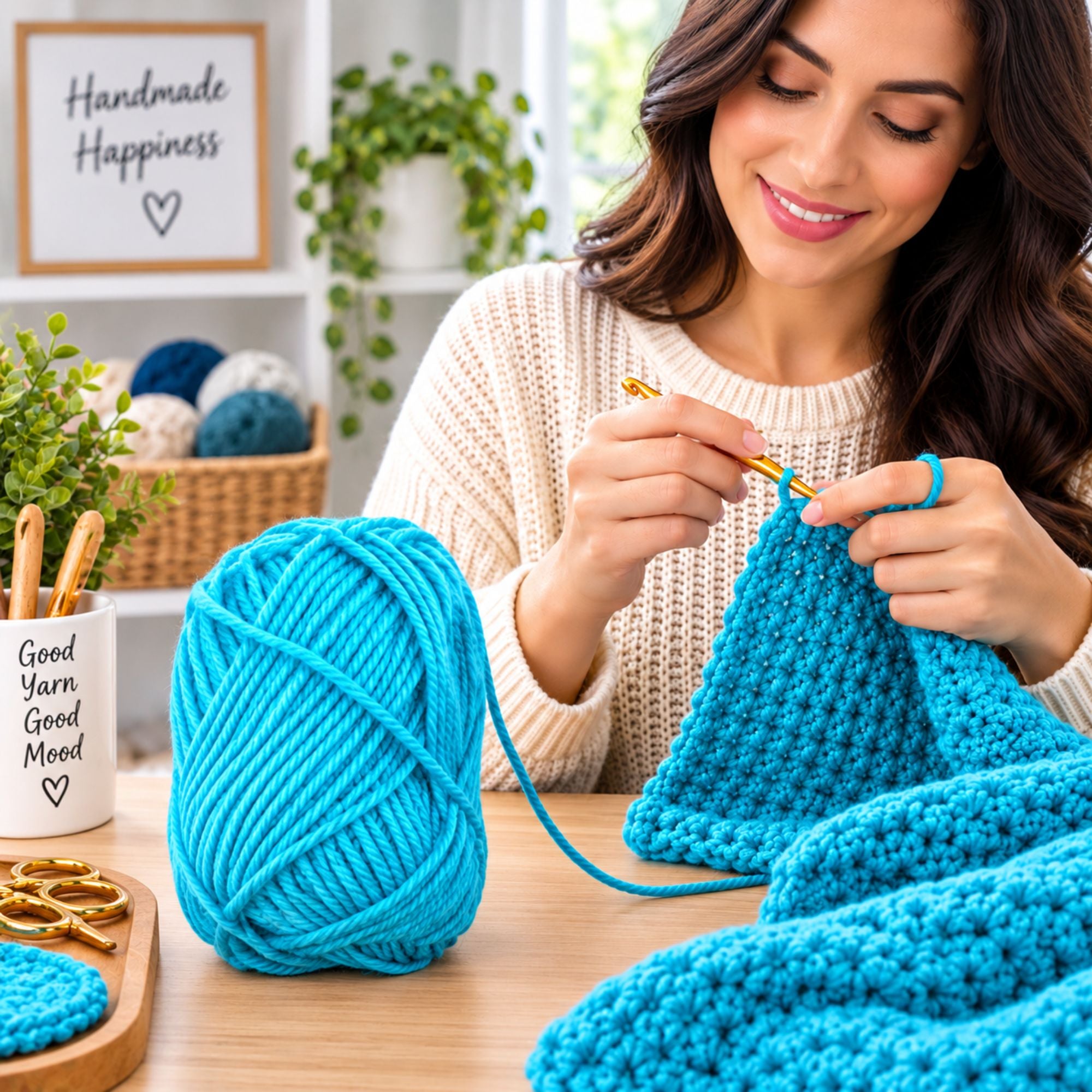 A woman crochets a bright turquoise blue fabric piece at a wooden table, with a matching ball of turquoise yarn beside her. The scene includes a mug that reads 'Good Yarn, Good Mood,' gold crochet hooks, and a framed sign saying 'Handmade Happiness.