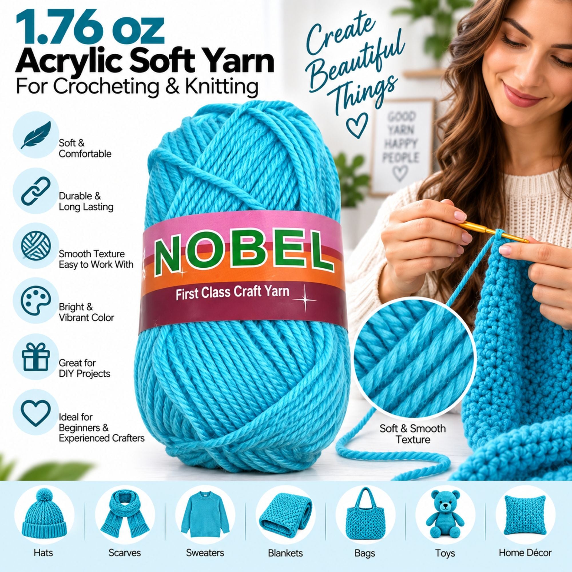A bright turquoise blue ball of NOBEL acrylic soft yarn is shown prominently on a white background, with a woman crocheting on the right and feature icons/text on the left. The product being sold is the yarn, not the person or the crocheted items shown as examples.