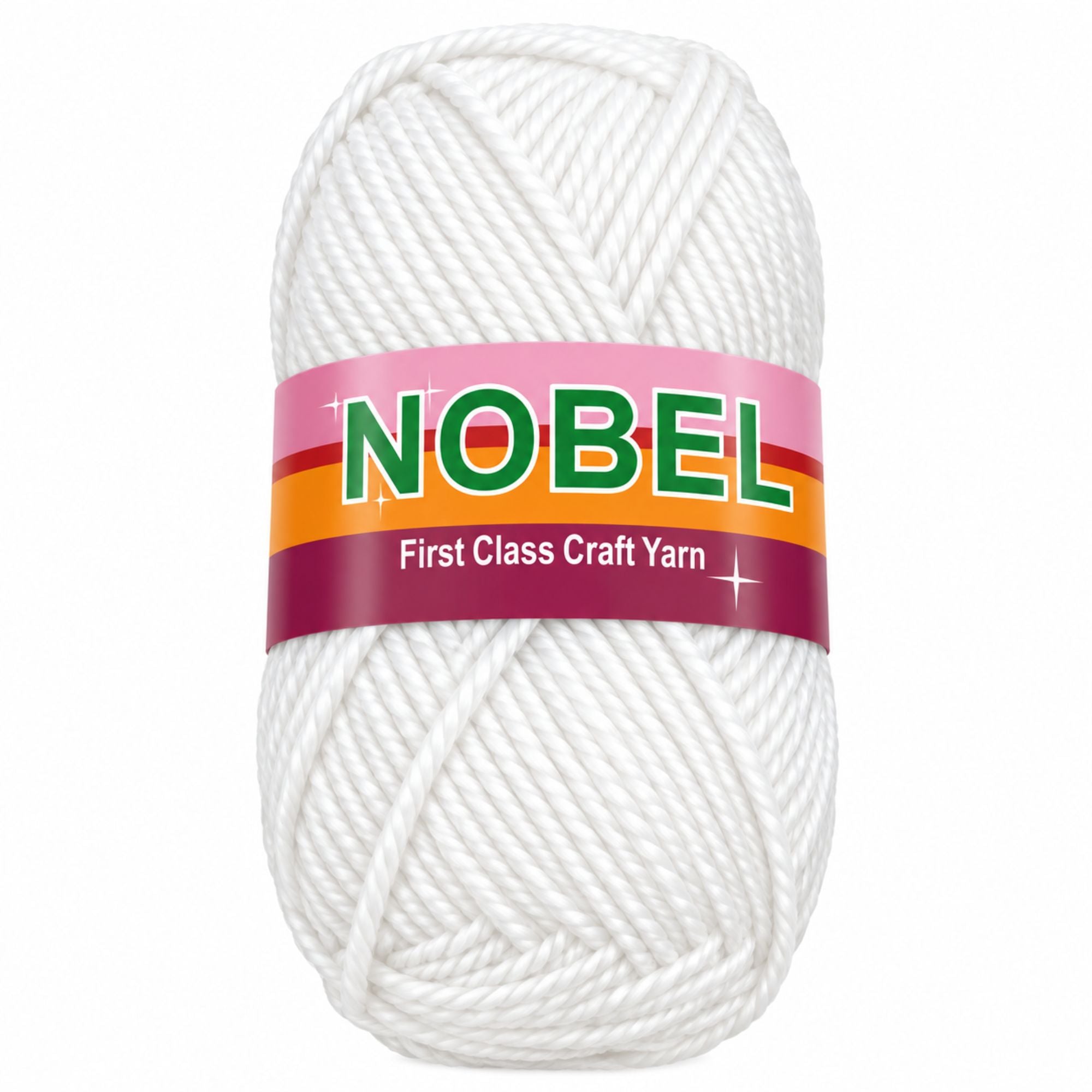 A skein of white craft yarn with a pink, orange, and purple paper label that reads 'NOBEL First Class Craft Yarn' on a plain white background.
