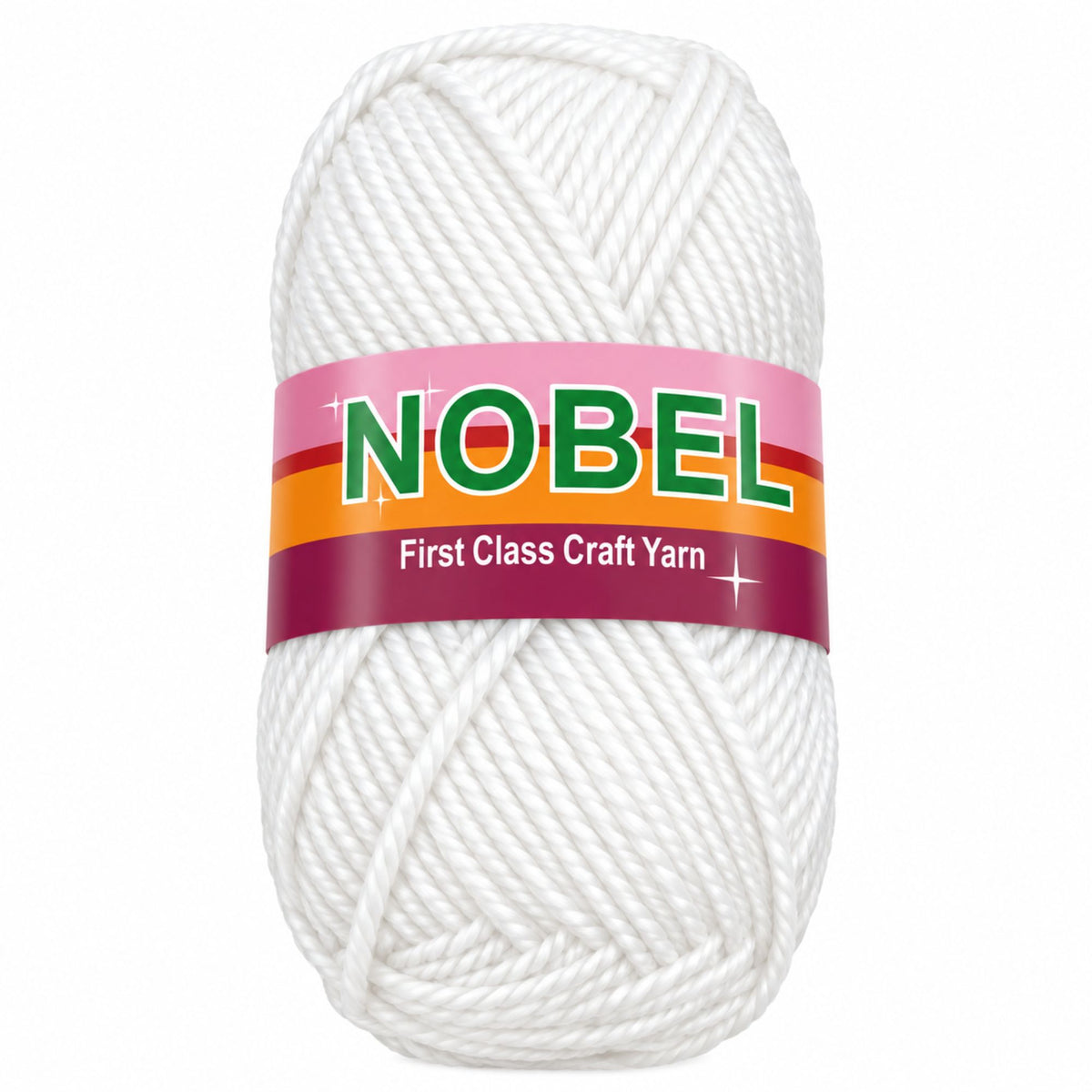 A skein of white craft yarn with a pink, orange, and purple paper label that reads 'NOBEL First Class Craft Yarn' on a plain white background.