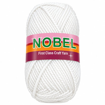 A skein of white craft yarn with a pink, orange, and purple paper label that reads 'NOBEL First Class Craft Yarn' on a plain white background.