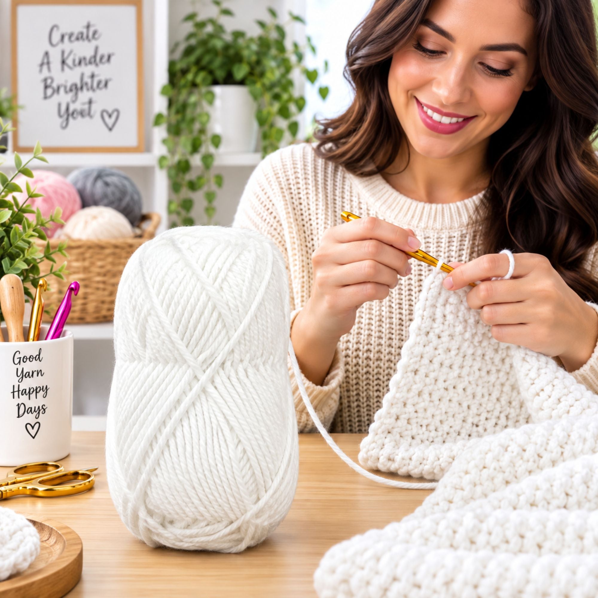 A smiling woman crochets a white knitted blanket at a wooden table, with a large ball of white yarn prominently displayed in the foreground. The scene includes a white mug that reads 'Good Yarn Happy Days,' gold crochet hooks, and a bright, cozy craft room background with plants and shelves.